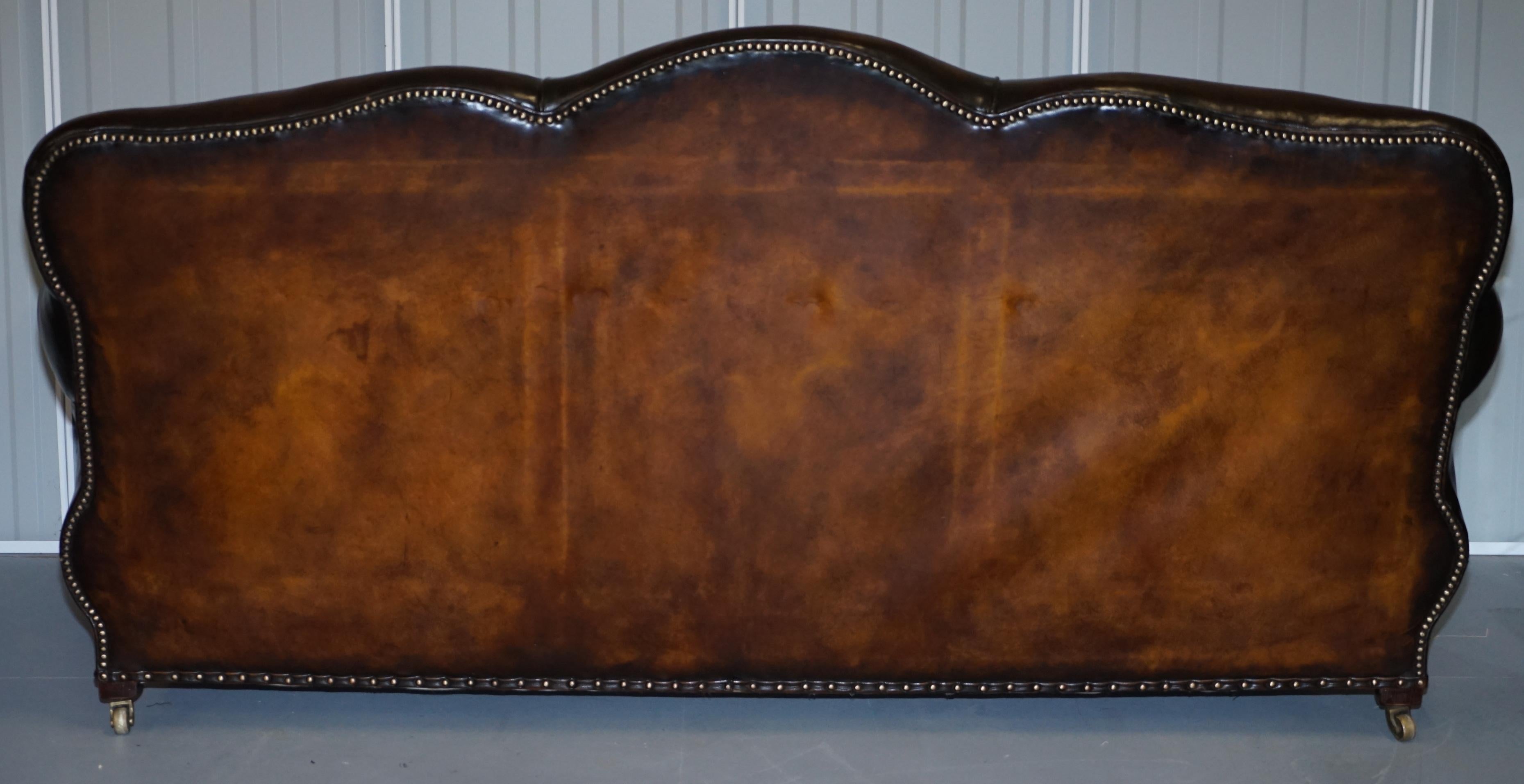 Very Rare Fully Restored Gentleman's Club Moustache Back Brown Leather Sofa For Sale 6