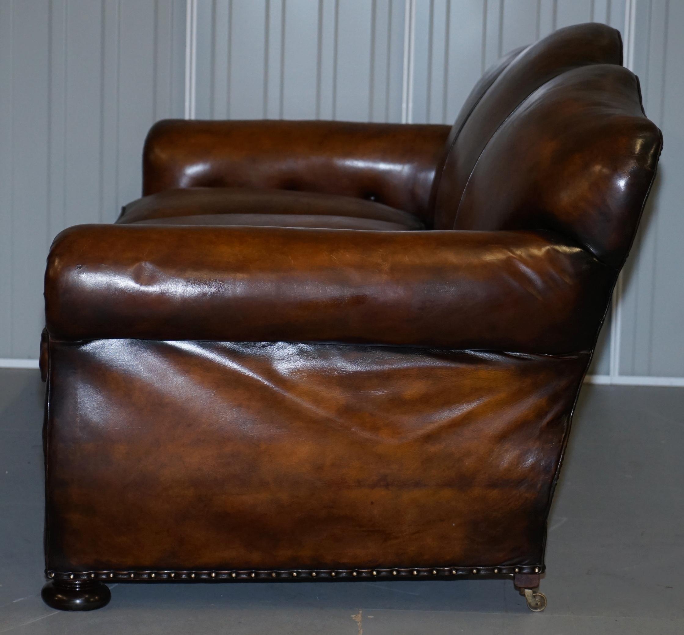 Very Rare Fully Restored Gentleman's Club Moustache Back Brown Leather Sofa For Sale 7