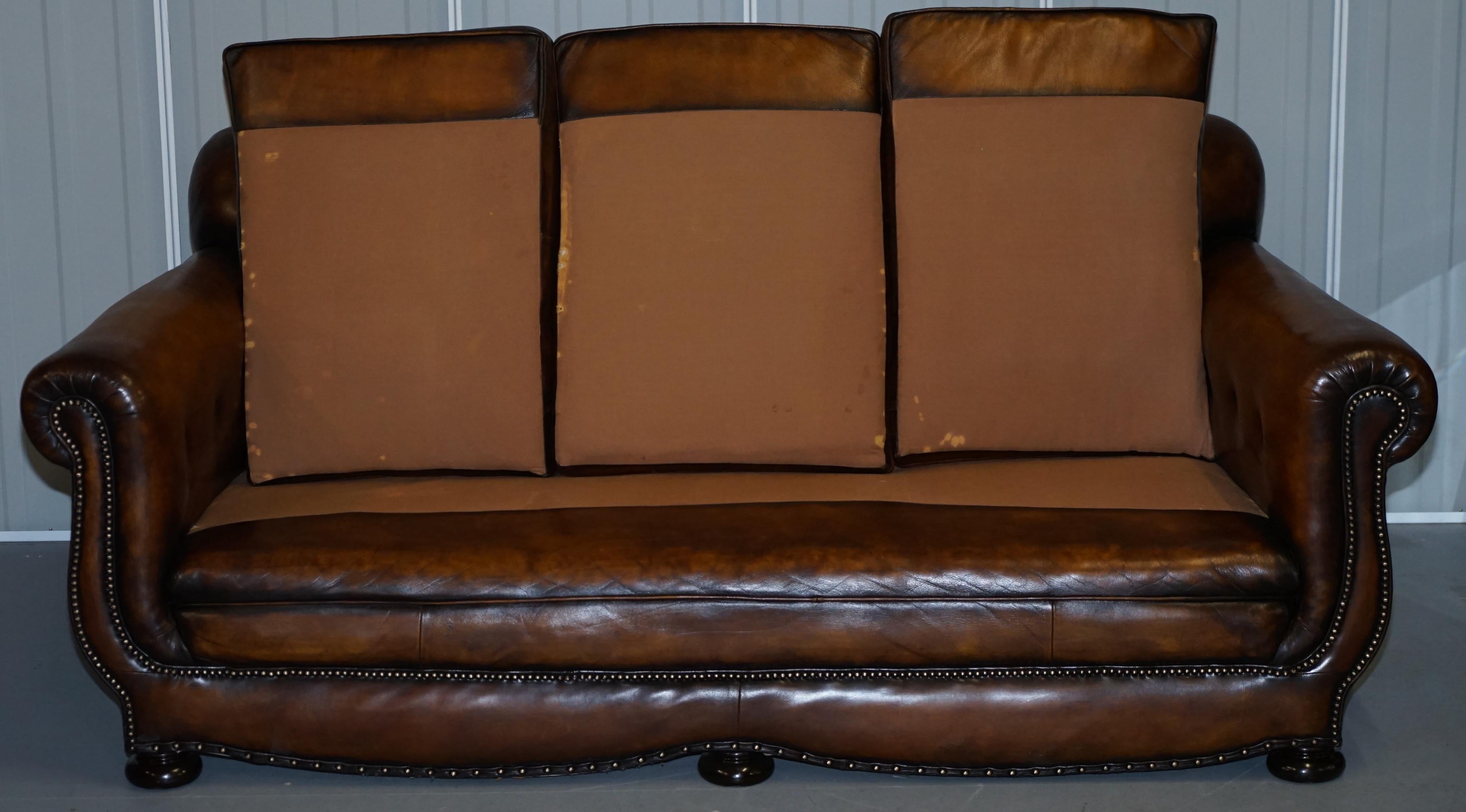 Very Rare Fully Restored Gentleman's Club Moustache Back Brown Leather Sofa For Sale 8