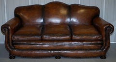 Very Rare Fully Restored Gentleman's Club Moustache Back Brown Leather Sofa