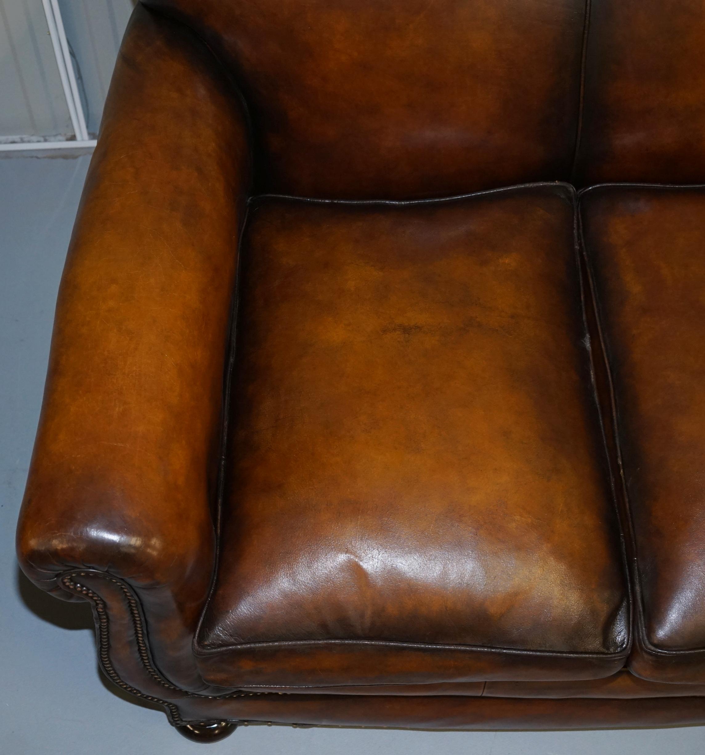 English Very Rare Fully Restored Gentleman's Club Moustache Back Brown Leather Sofa For Sale
