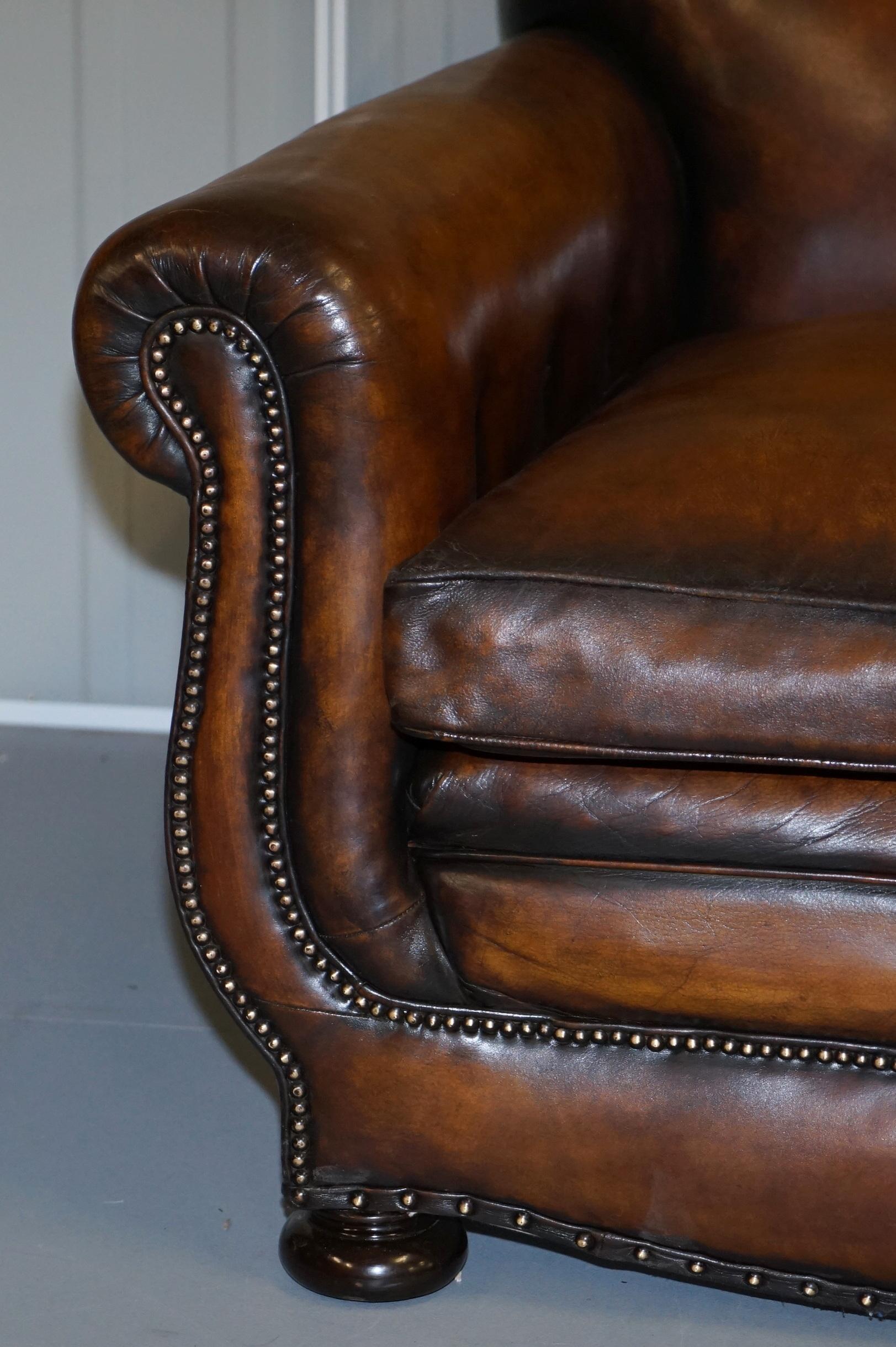 Hand-Crafted Very Rare Fully Restored Gentleman's Club Moustache Back Brown Leather Sofa For Sale