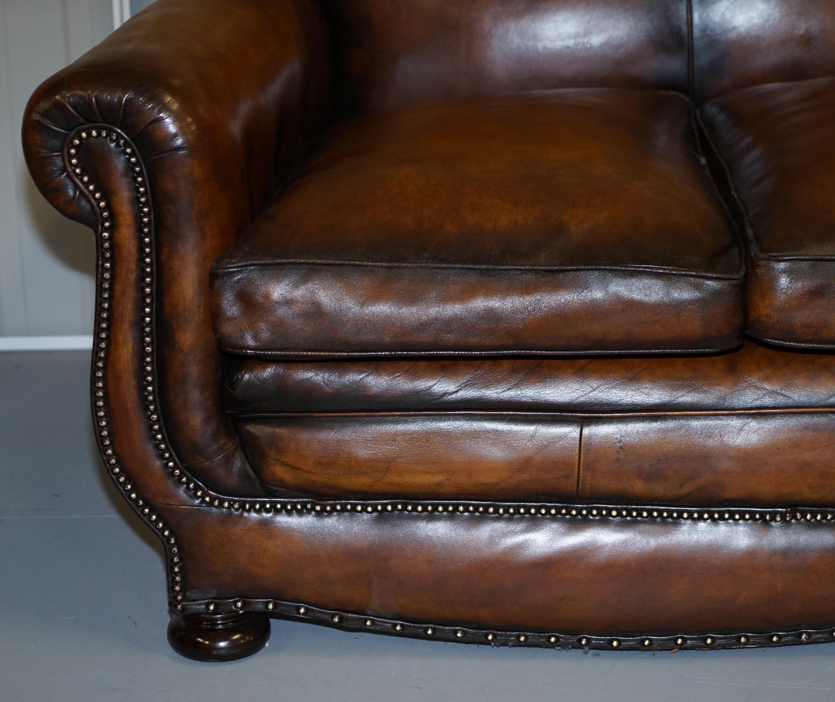 Very Rare Fully Restored Gentleman's Club Moustache Back Brown Leather Sofa In Good Condition For Sale In West Sussex, Pulborough