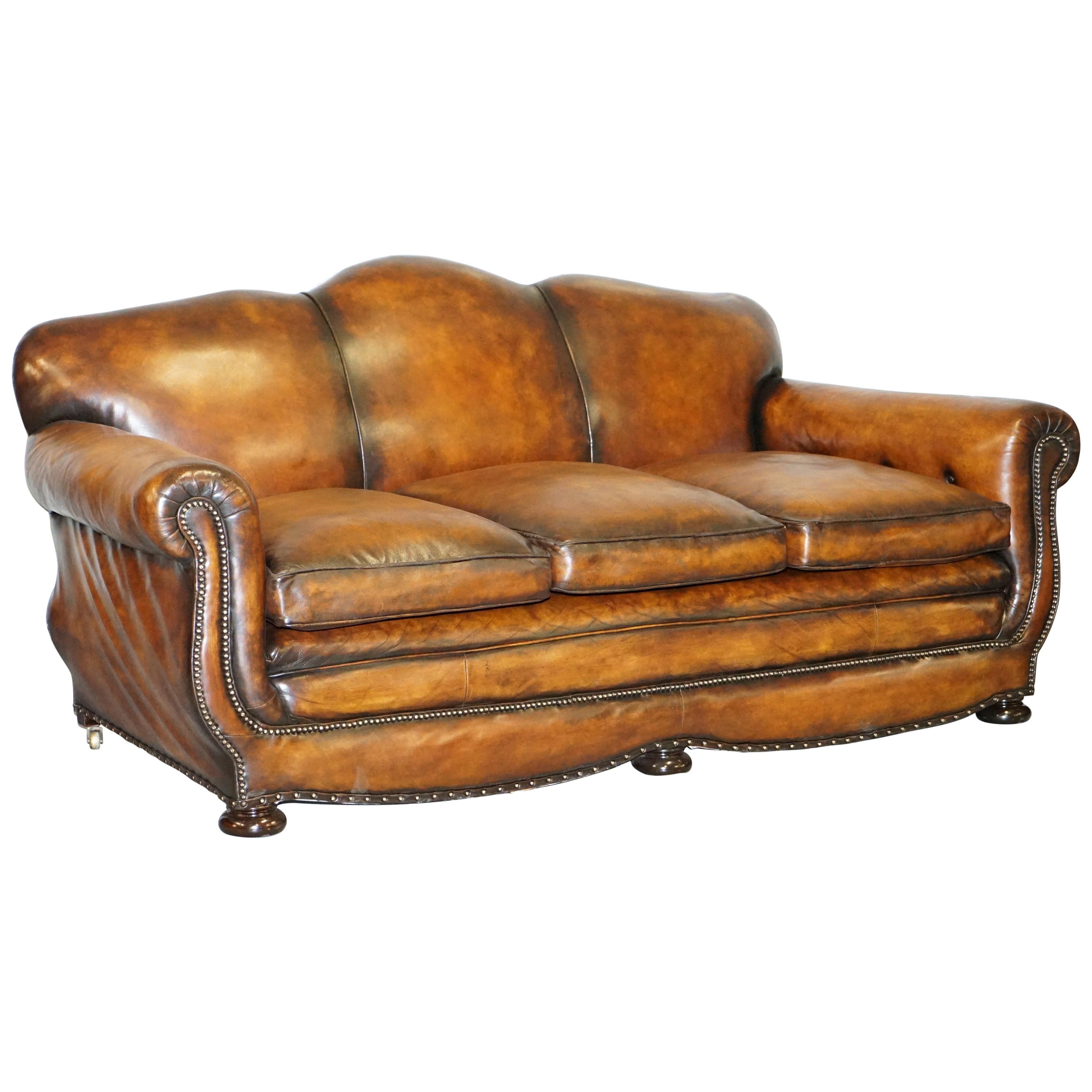 Very Rare Fully Restored Gentleman's Club Moustache Back Brown Leather Sofa