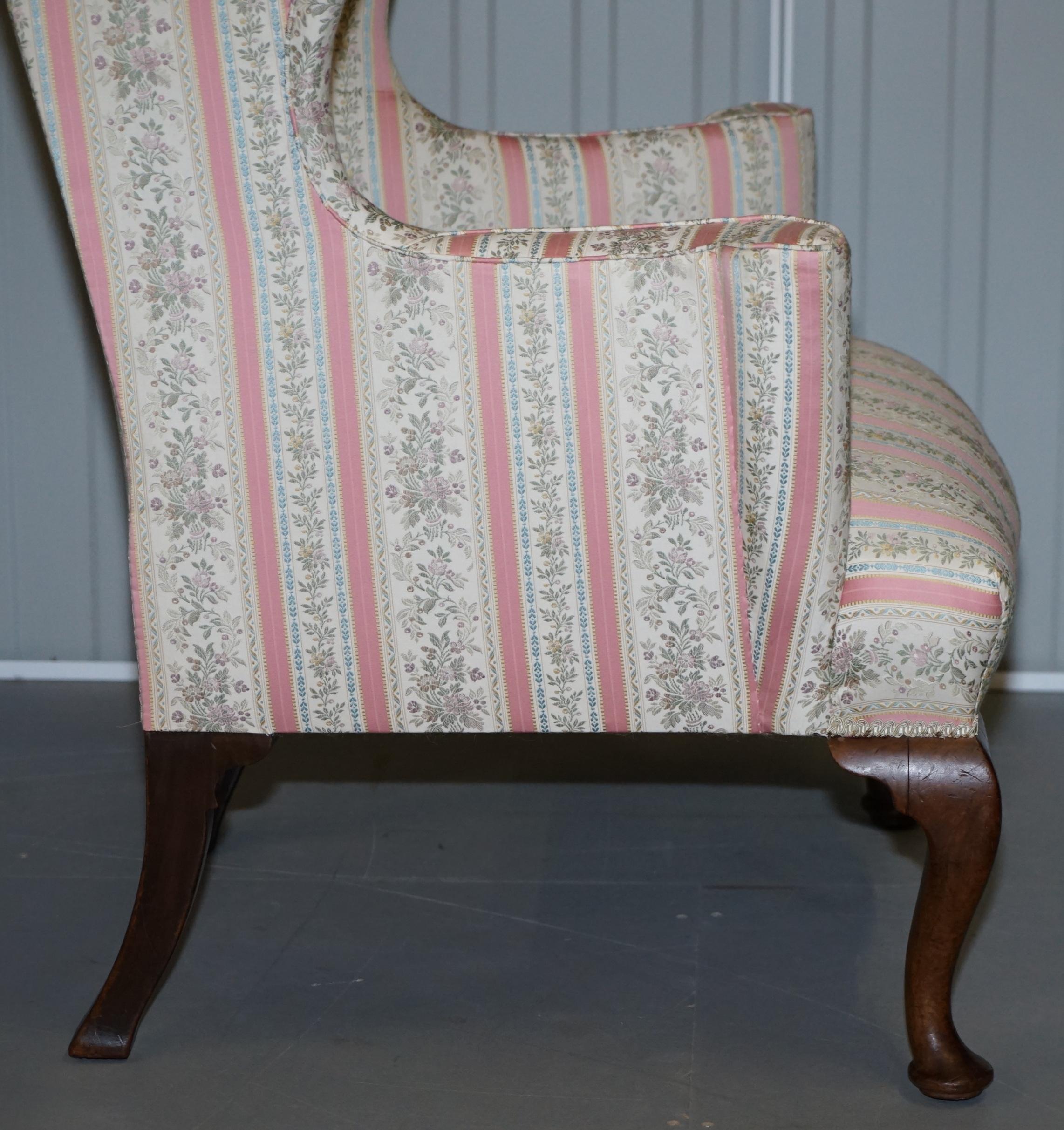 Very Rare Fully Restored Howard & Son's Walnut Wingback Armchair Regency Stripe For Sale 1