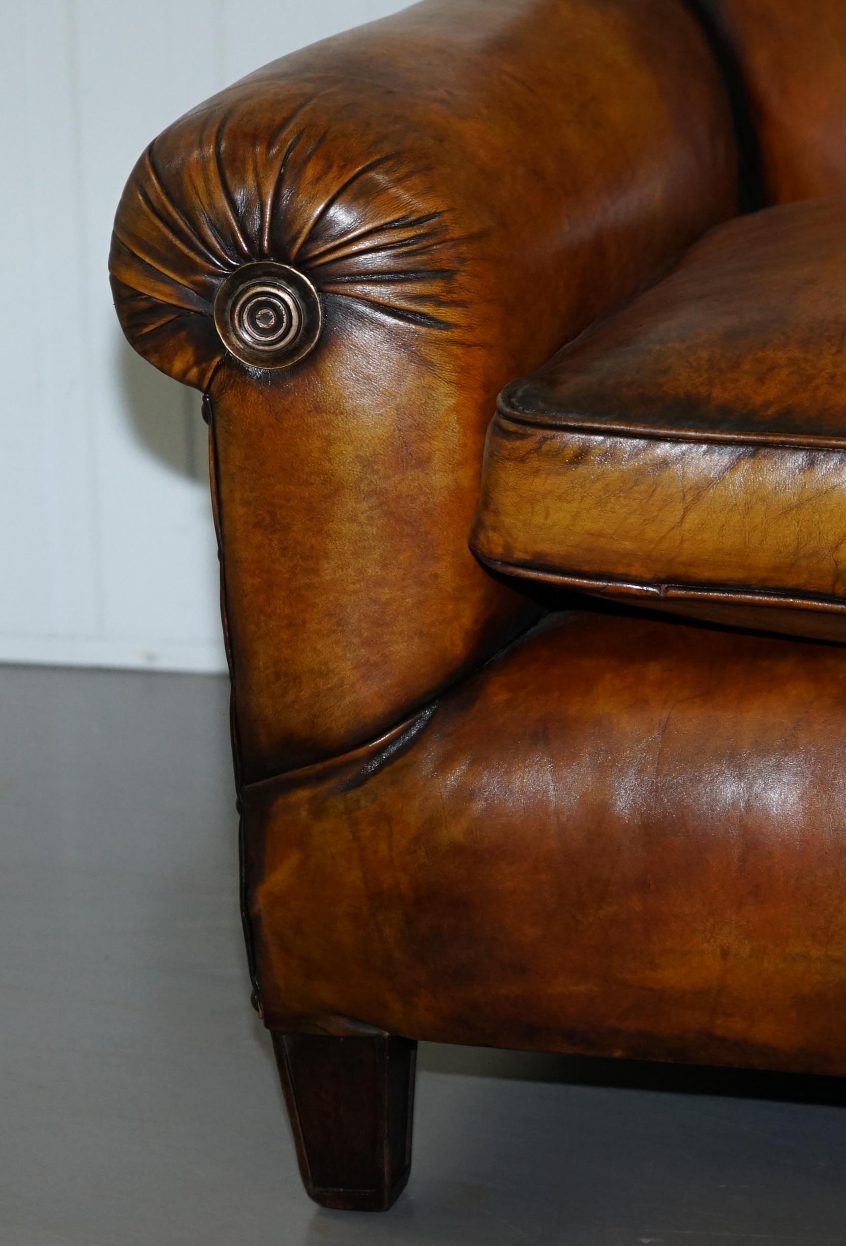 Very Rare Fully Restored Victorian Brown Leather Feather Filled Cushions Sofa 6