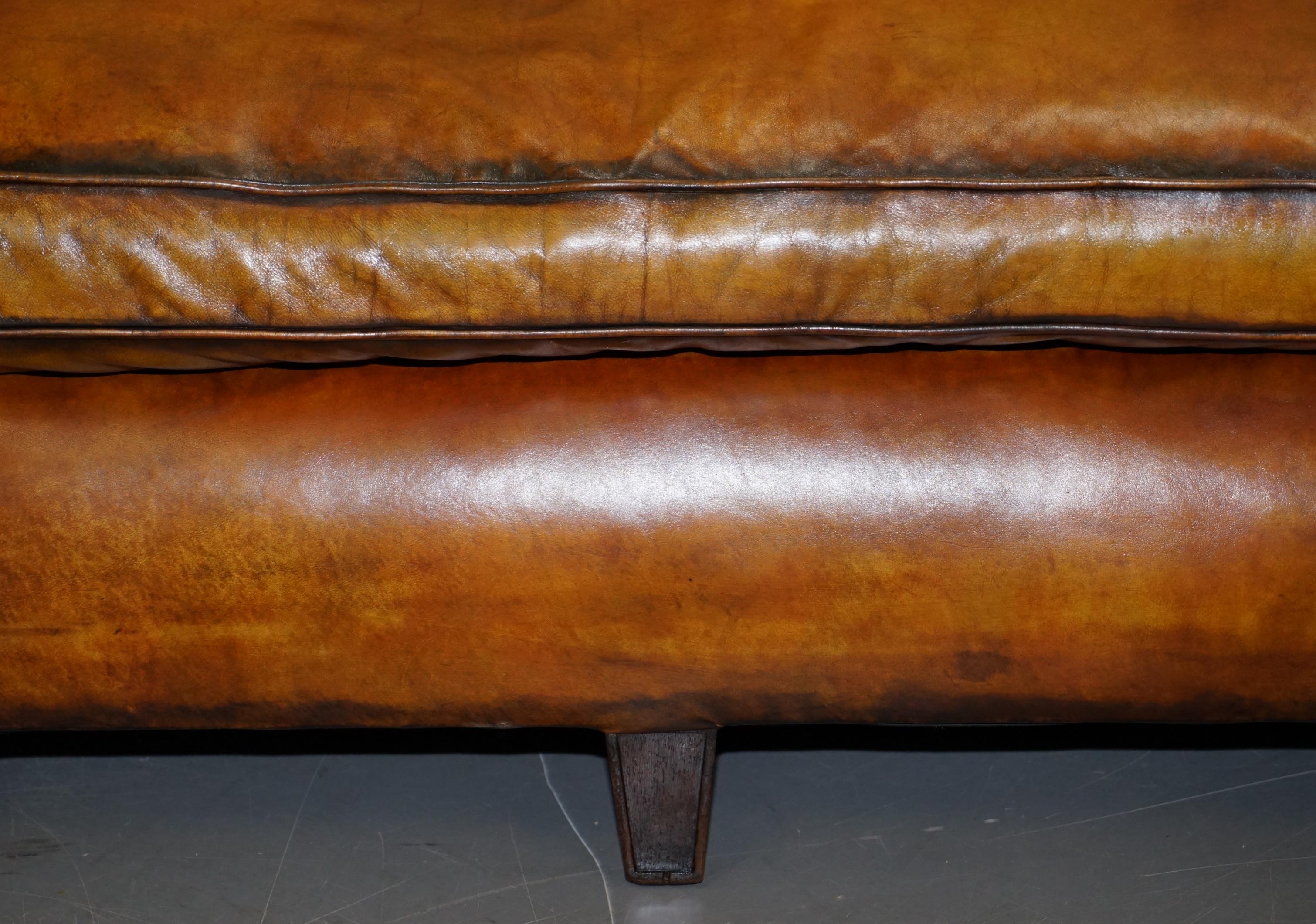 Very Rare Fully Restored Victorian Brown Leather Feather Filled Cushions Sofa 7