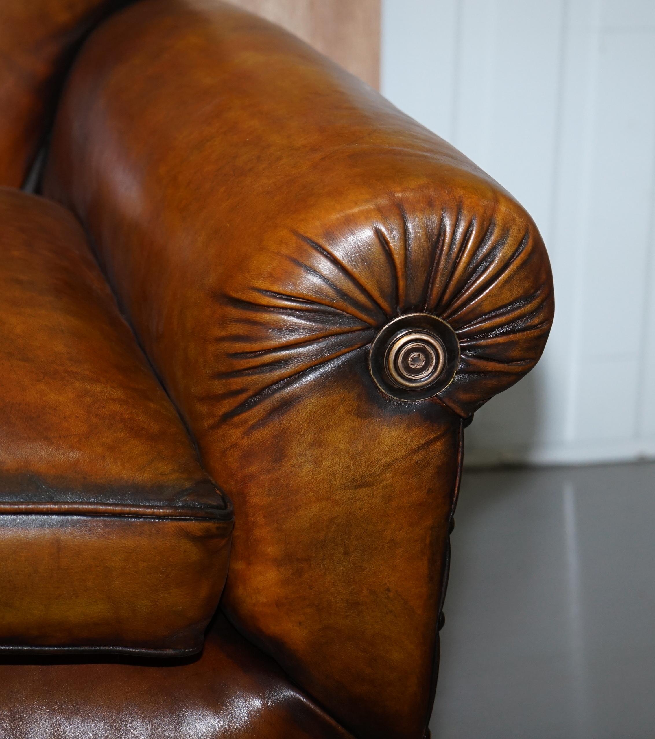 Very Rare Fully Restored Victorian Brown Leather Feather Filled Cushions Sofa 8