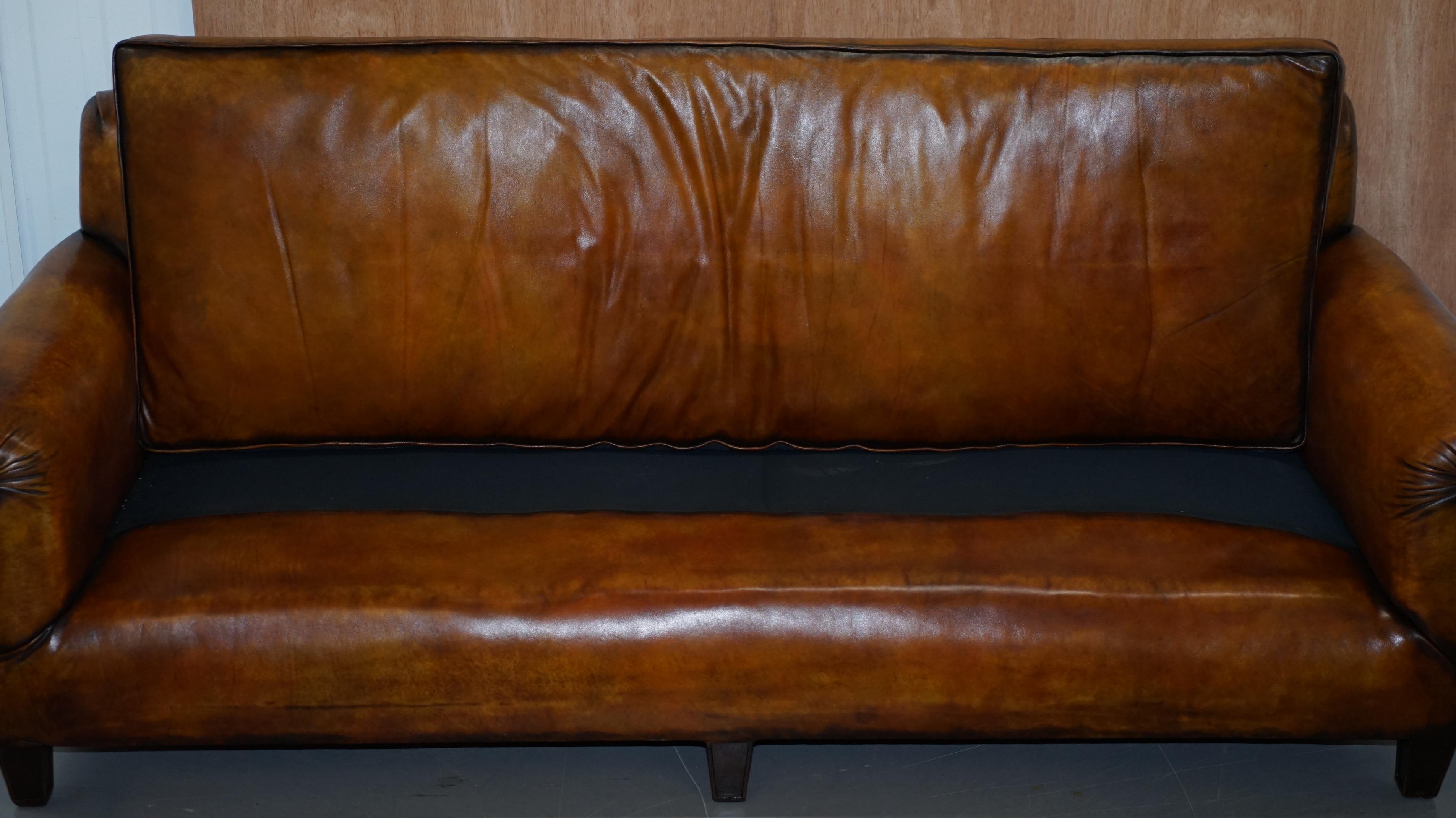 Very Rare Fully Restored Victorian Brown Leather Feather Filled Cushions Sofa 9