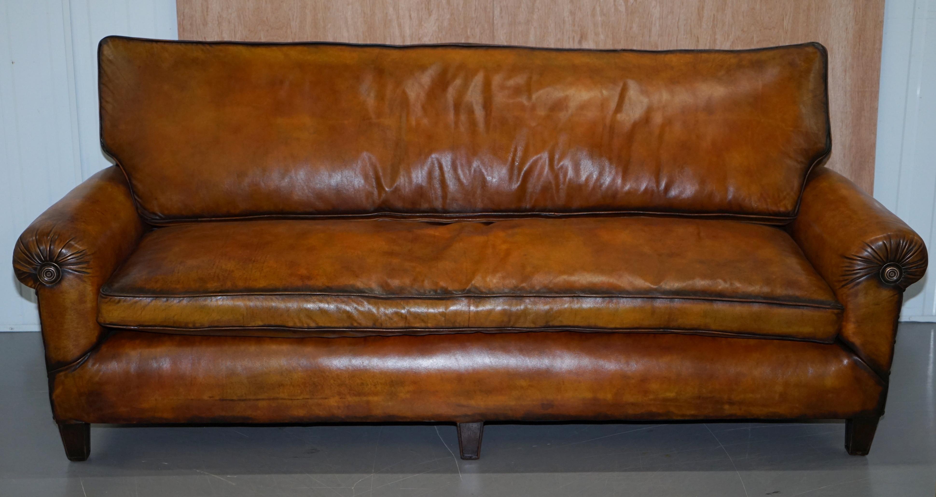 English Very Rare Fully Restored Victorian Brown Leather Feather Filled Cushions Sofa