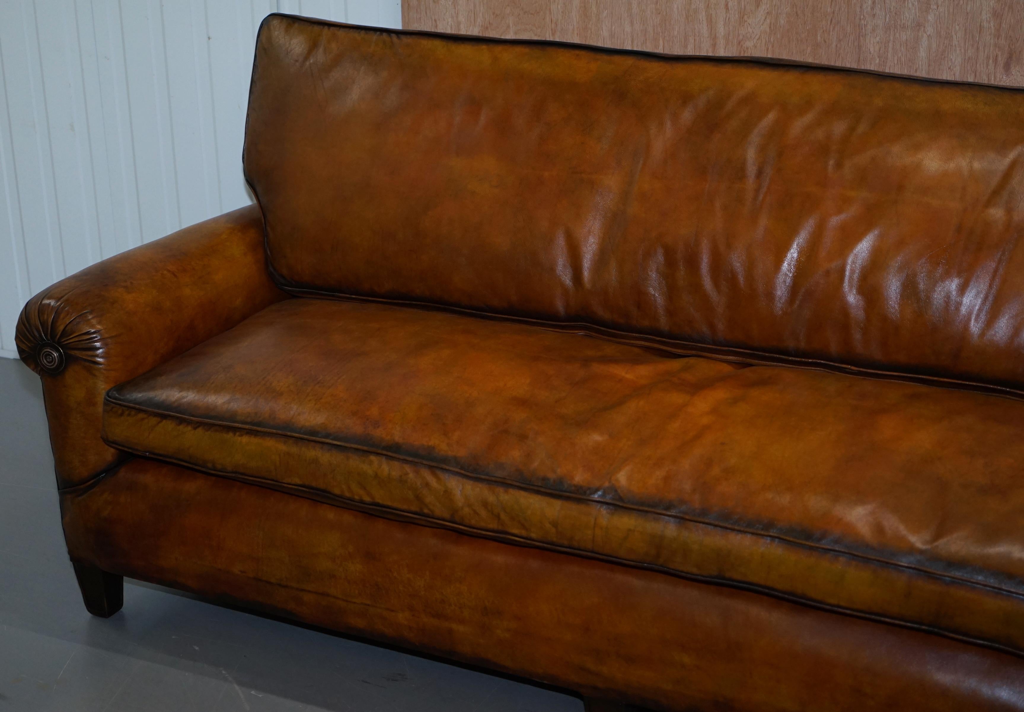 Hand-Crafted Very Rare Fully Restored Victorian Brown Leather Feather Filled Cushions Sofa