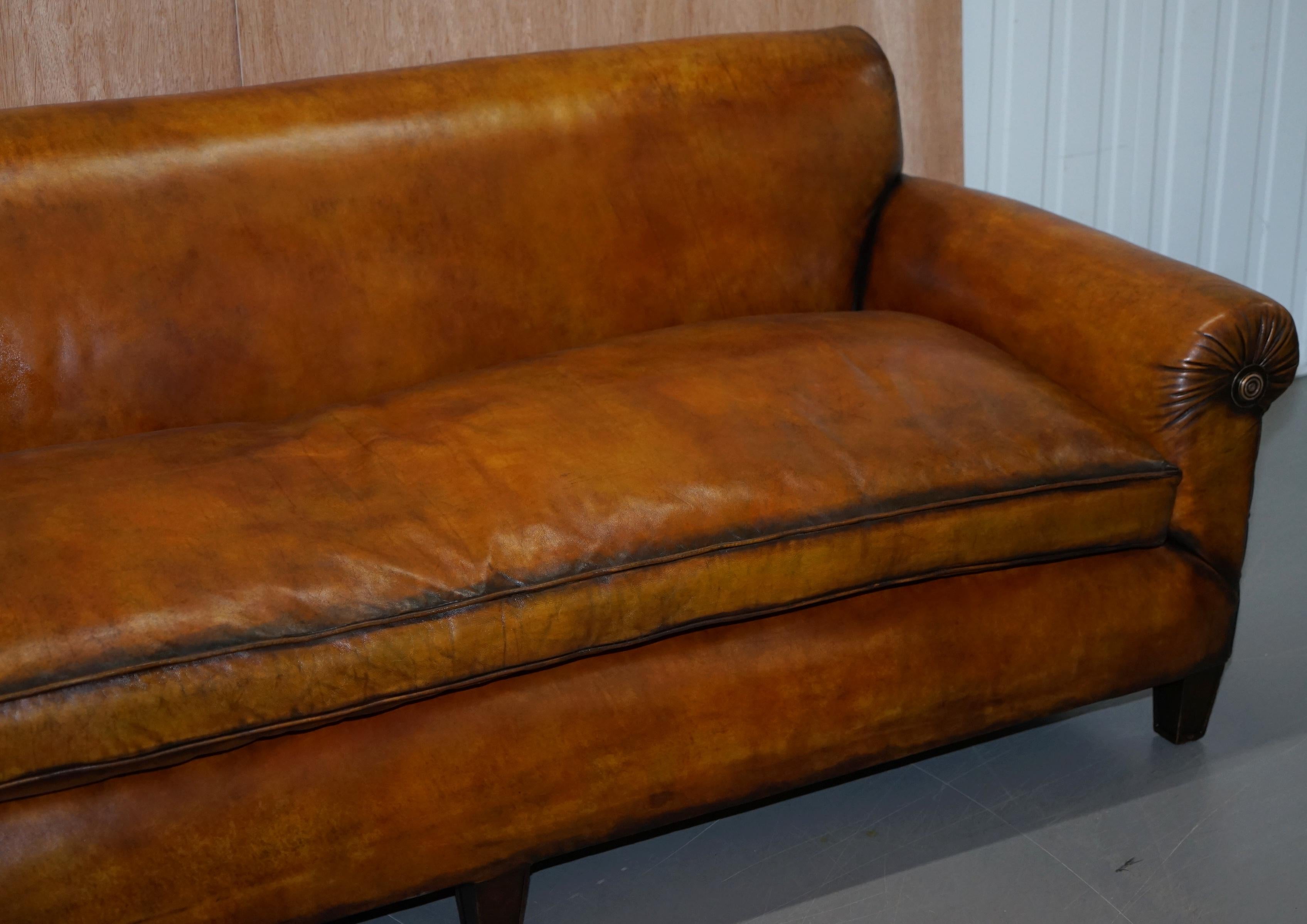 Very Rare Fully Restored Victorian Brown Leather Feather Filled Cushions Sofa 1
