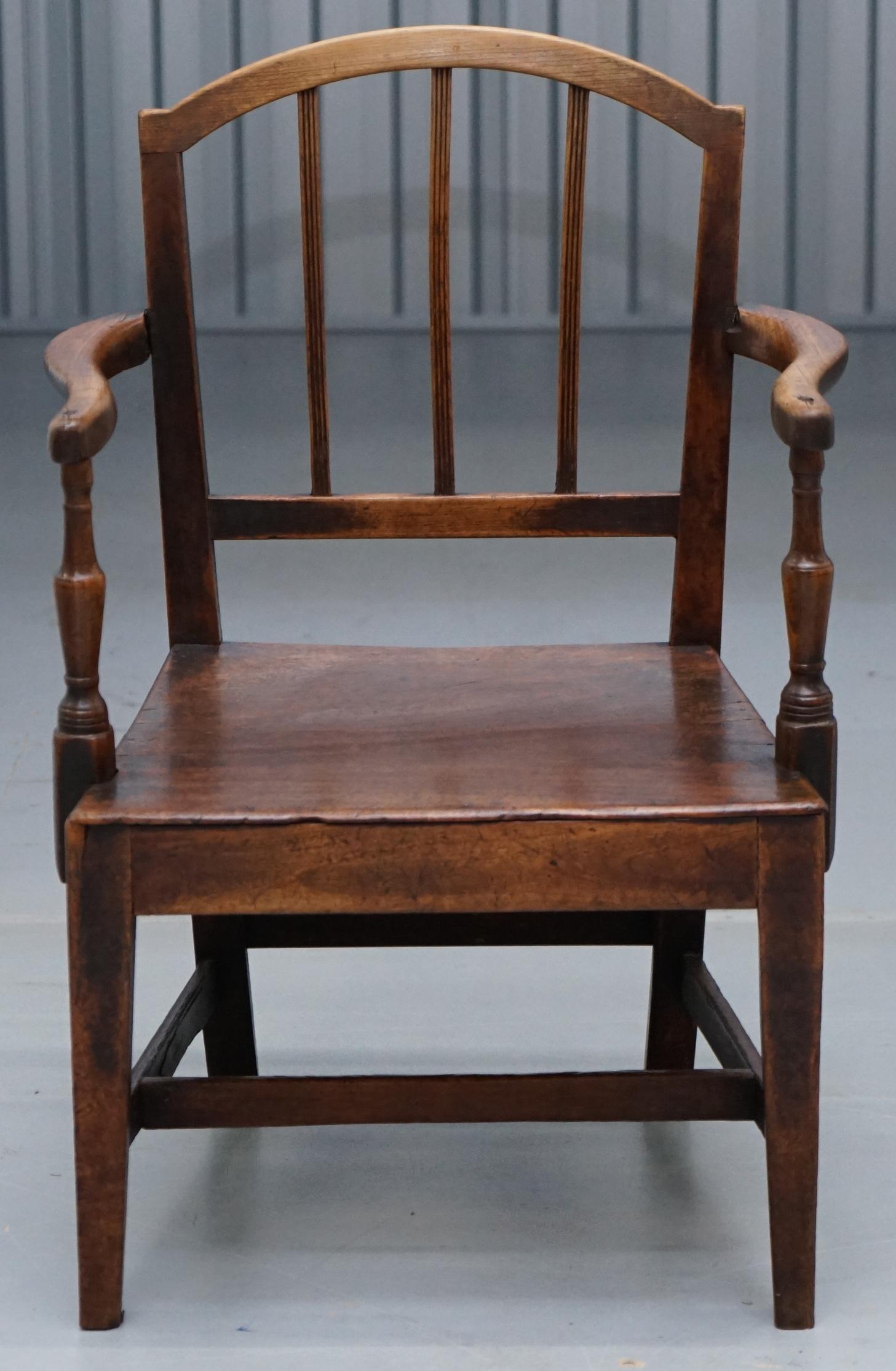 We are delighted to offer for sale this stunning George II circa 1760 oak carver chair with period repairs 

A very good looking and well made chair, it all seems to be original timber including the stretches which have worn gloriously. There are