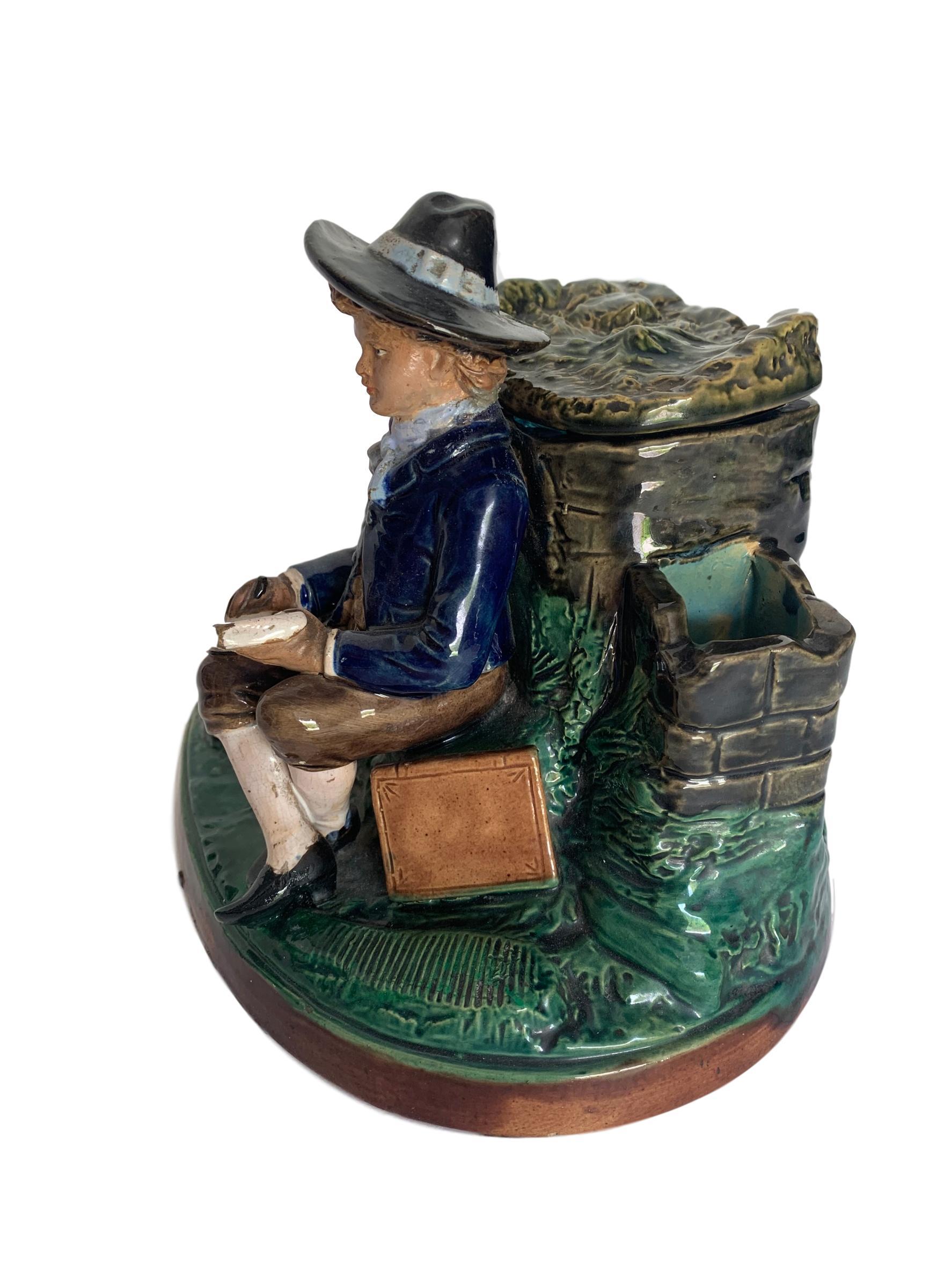 Late 19th Century Very Rare German Majolica Humidor, Boy with Books, circa 1880 by B. Block & Co.