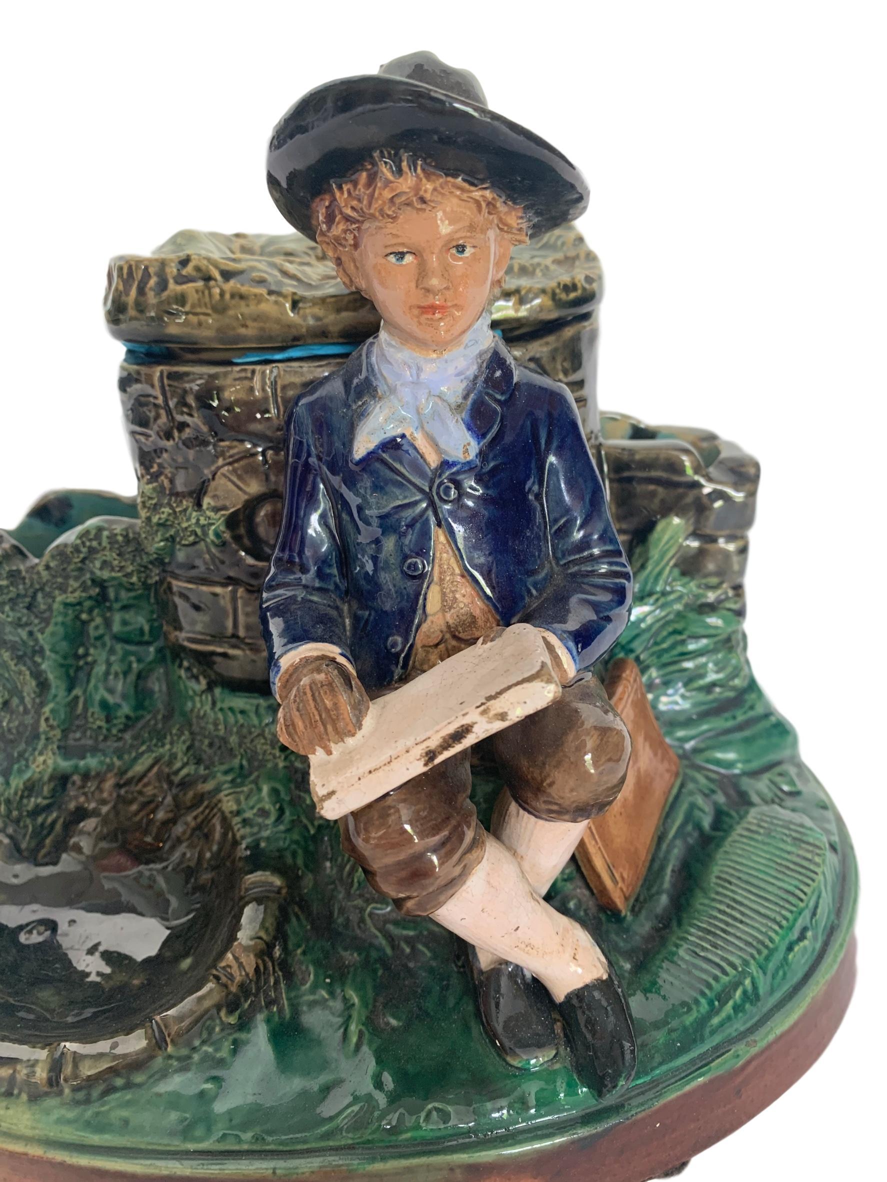 Ceramic Very Rare German Majolica Humidor, Boy with Books, circa 1880 by B. Block & Co.