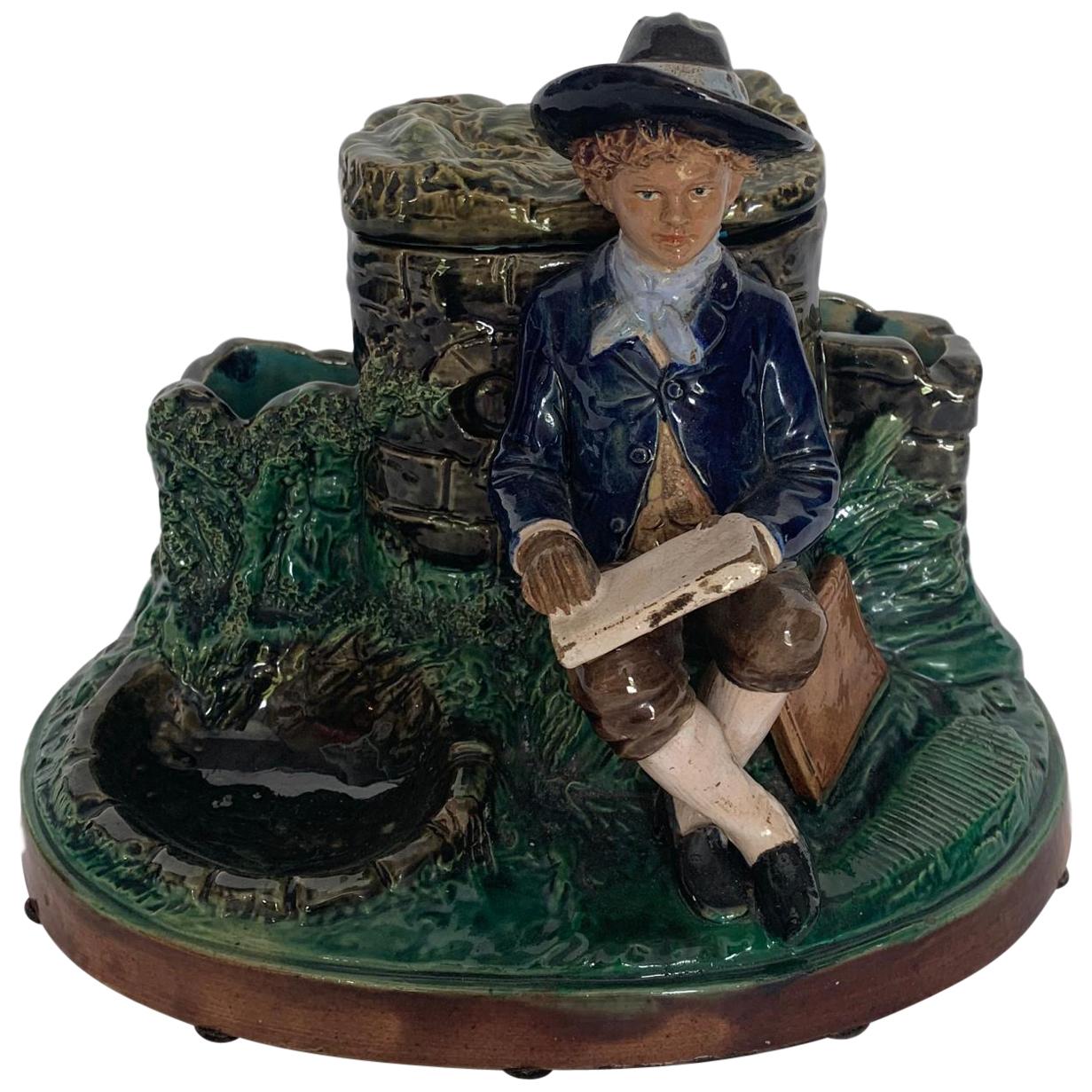 Very Rare German Majolica Humidor, Boy with Books, circa 1880 by B. Block 
Co.