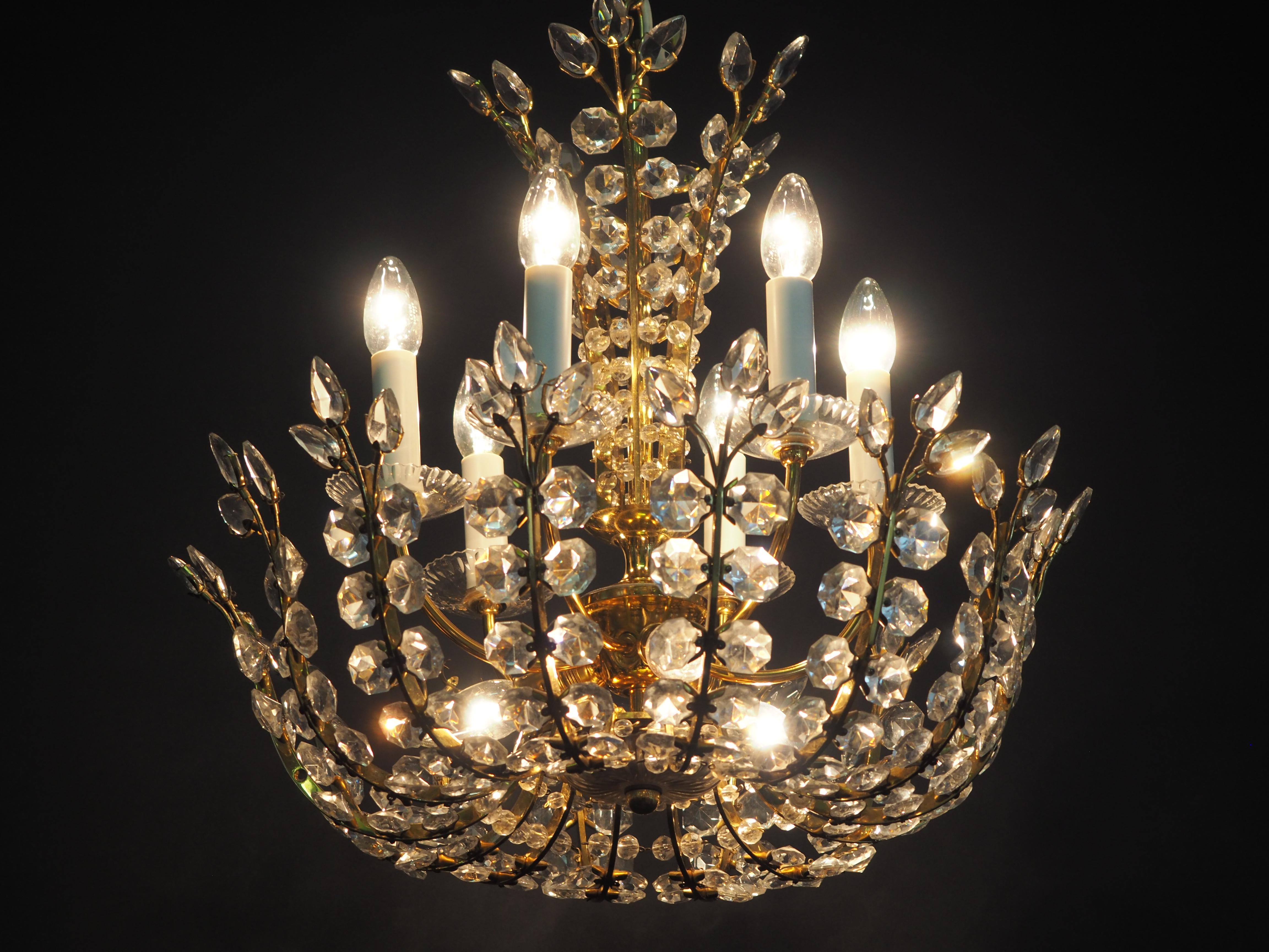 Brass Very Rare Glass Chandelier in the Style of Lobmeyr, circa 1950s For Sale