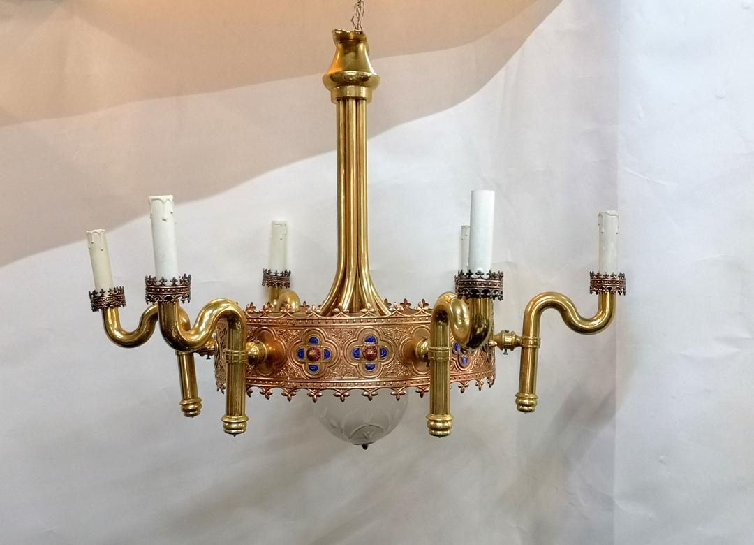 This exquisite item was made by Jozsef Engelsz sculptist and metalsmith and his wife Kornelia Bokor enamel artist. Very rare chandelier, possibly unique. It's handmade and gold plated brass with enamel inlays and 5 arms with a copper band around it.