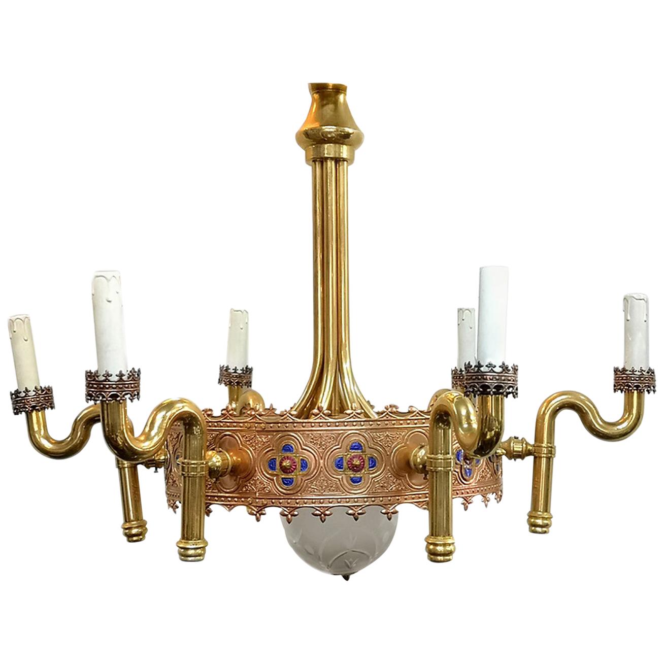 Very Rare Gold Plated and Enameled Chandelier by Jozsef Engelsz Artist, 1970s For Sale