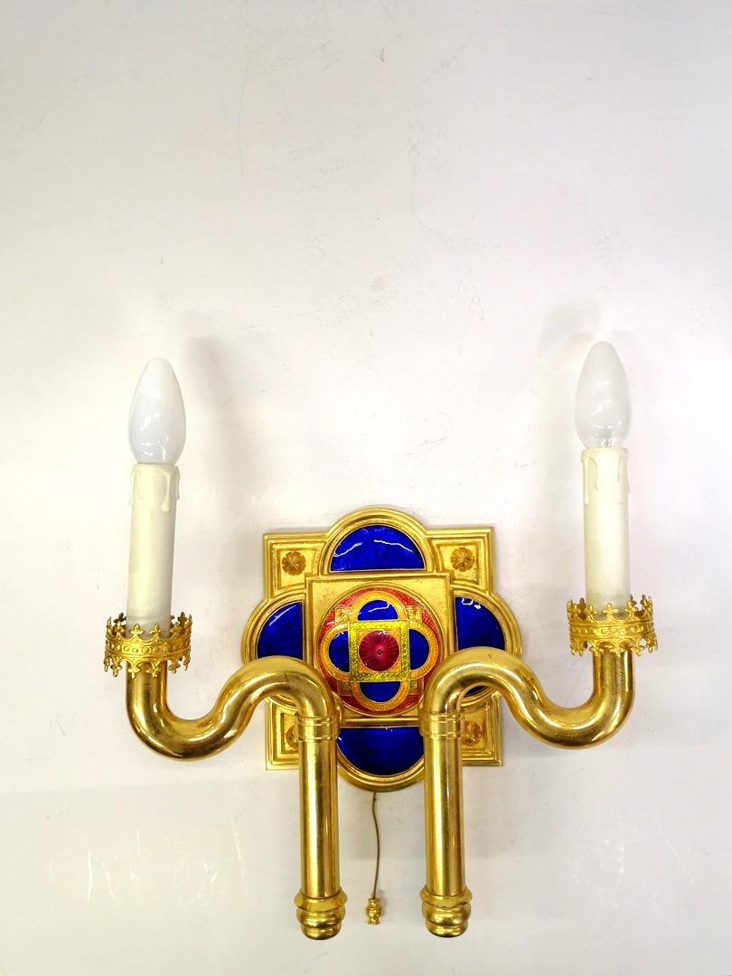 This exquisite item was made by Jozsef Engelsz sculptist and metal smith and his wife Kornelia Bokor enamel artist. Very rare set of objects, it's handmade and gold-plated brass with enamel inlays. It's at the highest quality-even featuring custom