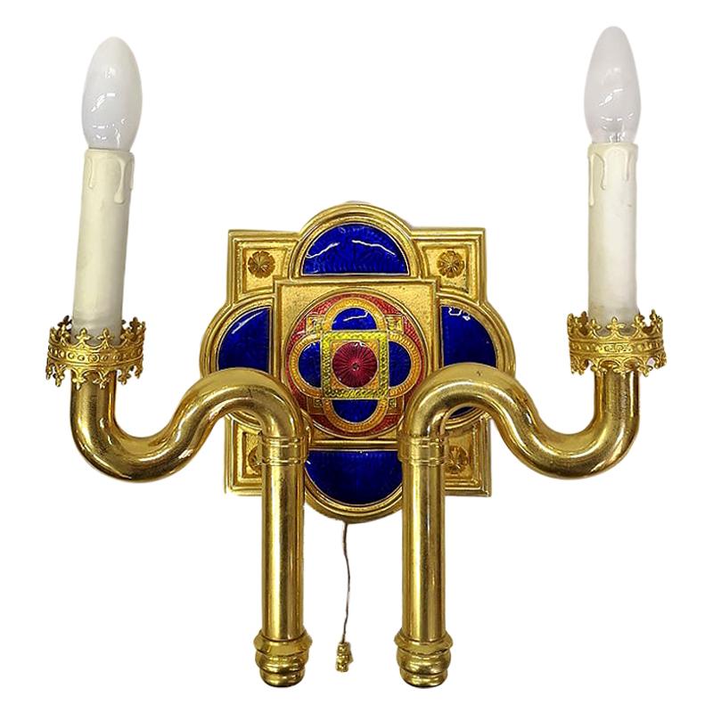 Very Rare Gold-Plated and Enameled Wall Lights, by Jozsef Engelsz Artist For Sale