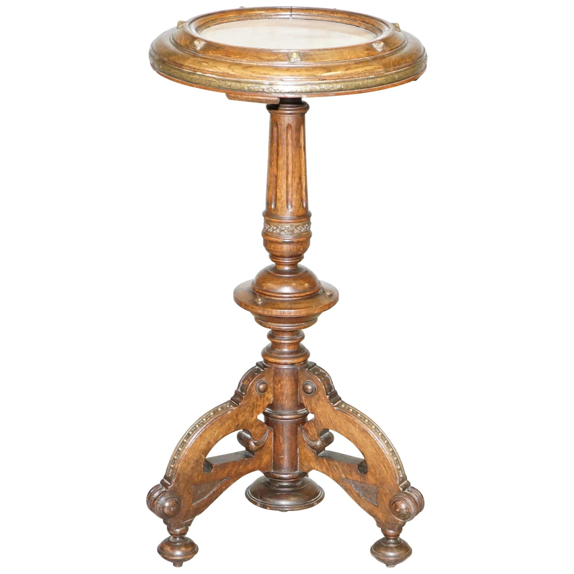 Very Rare Gothic Revival English Oak Marble & Bronze Side Table Stunning Patina