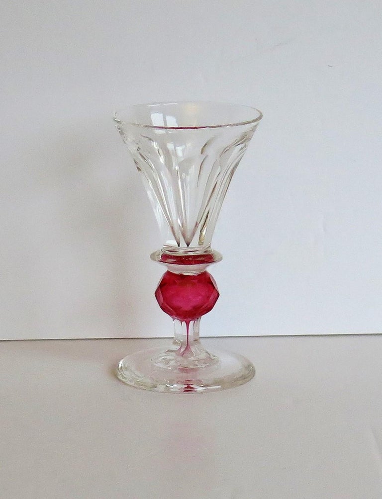 Victorian Rare Hand Blown Drinking Glass with Cranberry Colored Knop, English Mid-19th C For Sale
