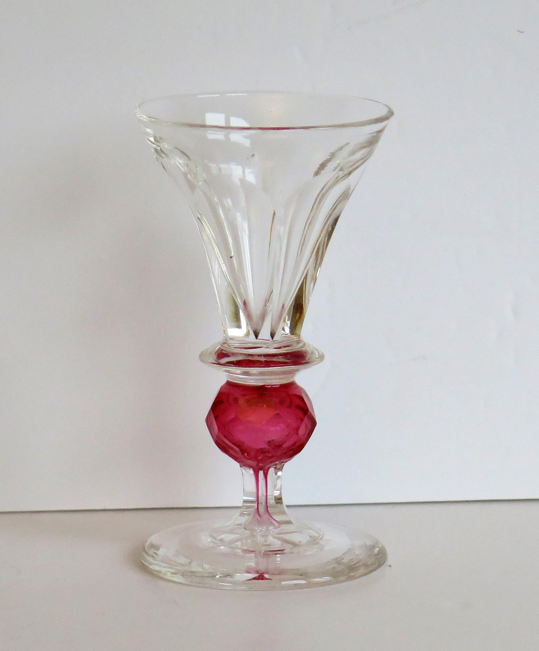 Hand-Crafted Rare Hand Blown Drinking Glass with Cranberry Colored Knop, English Mid-19th C For Sale