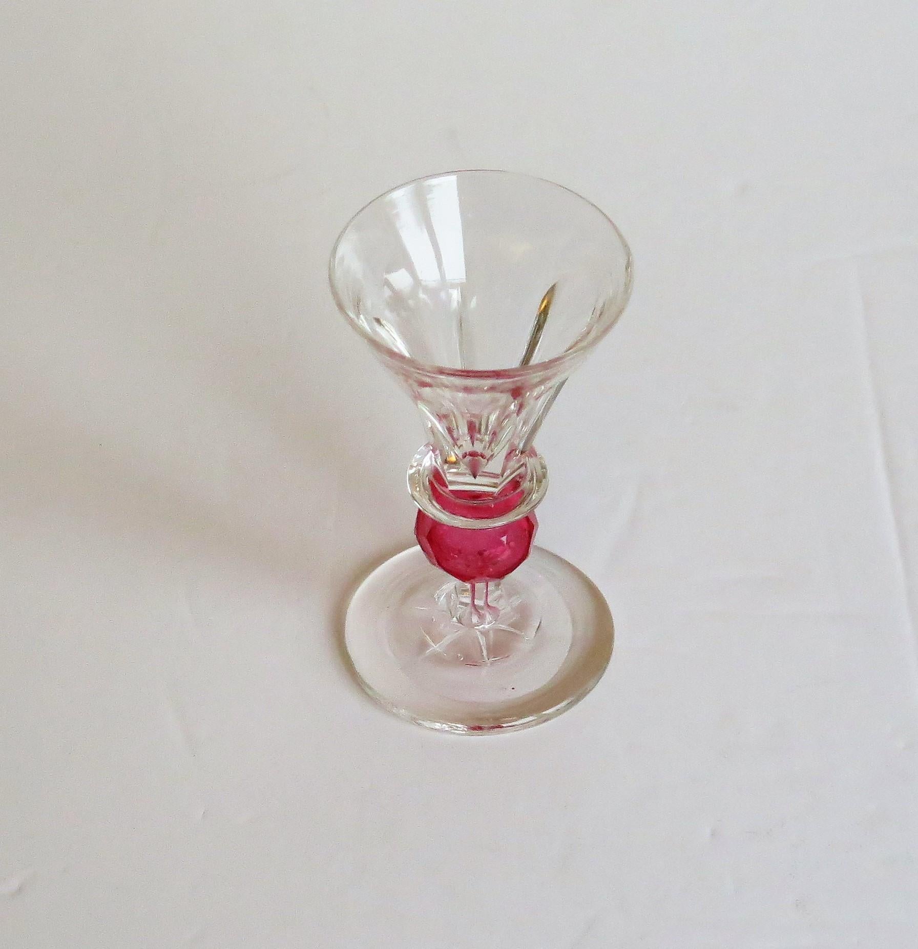 19th Century Rare Hand Blown Drinking Glass with Cranberry Colored Knop, English Mid-19th C For Sale