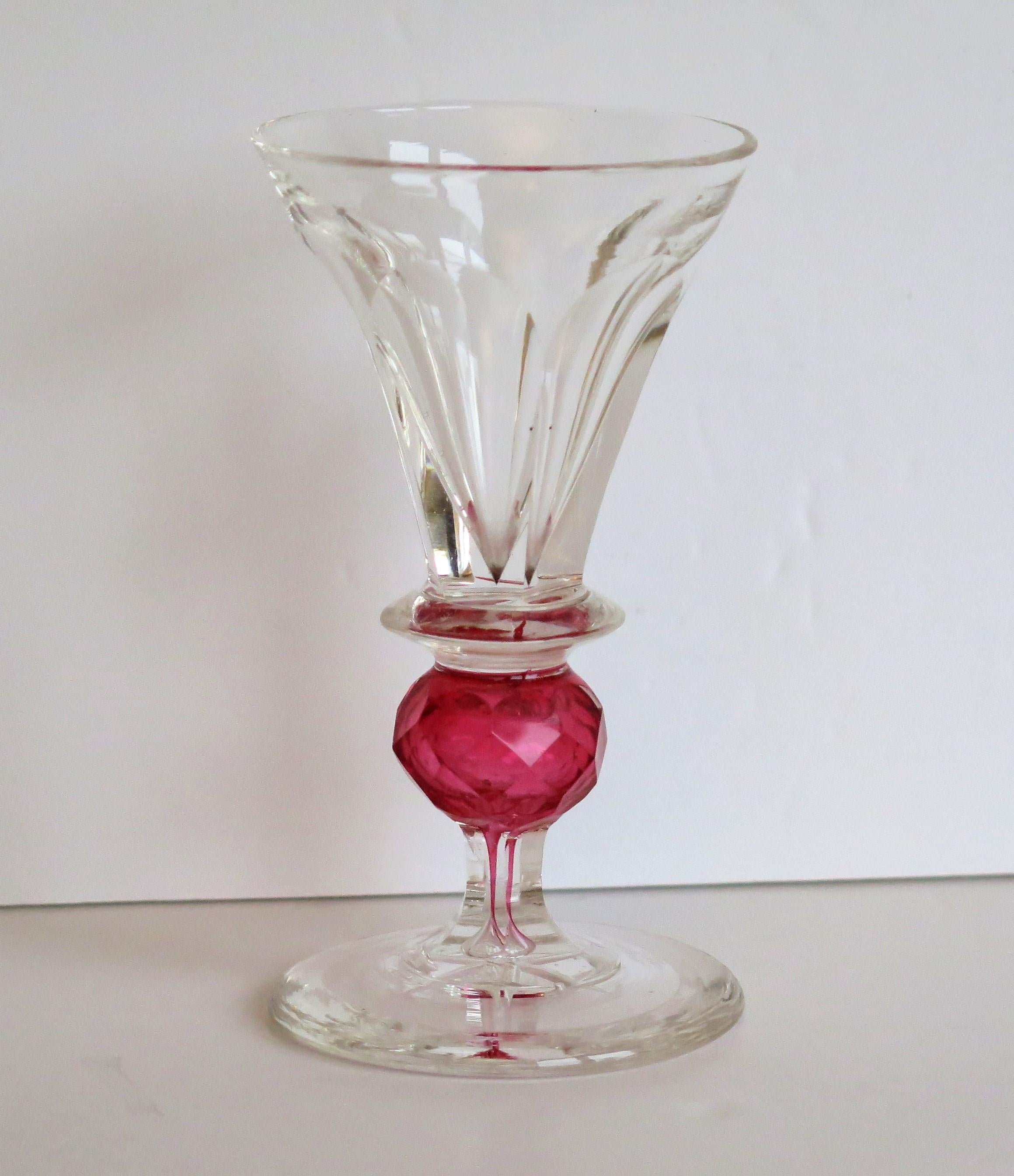 Rare Hand Blown Drinking Glass with Cranberry Colored Knop, English Mid-19th C For Sale 1