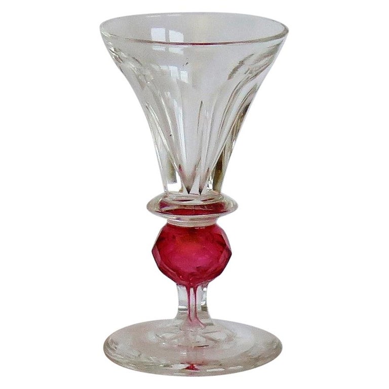 Rare Hand Blown Drinking Glass with Cranberry Colored Knop, English  Mid-19th C