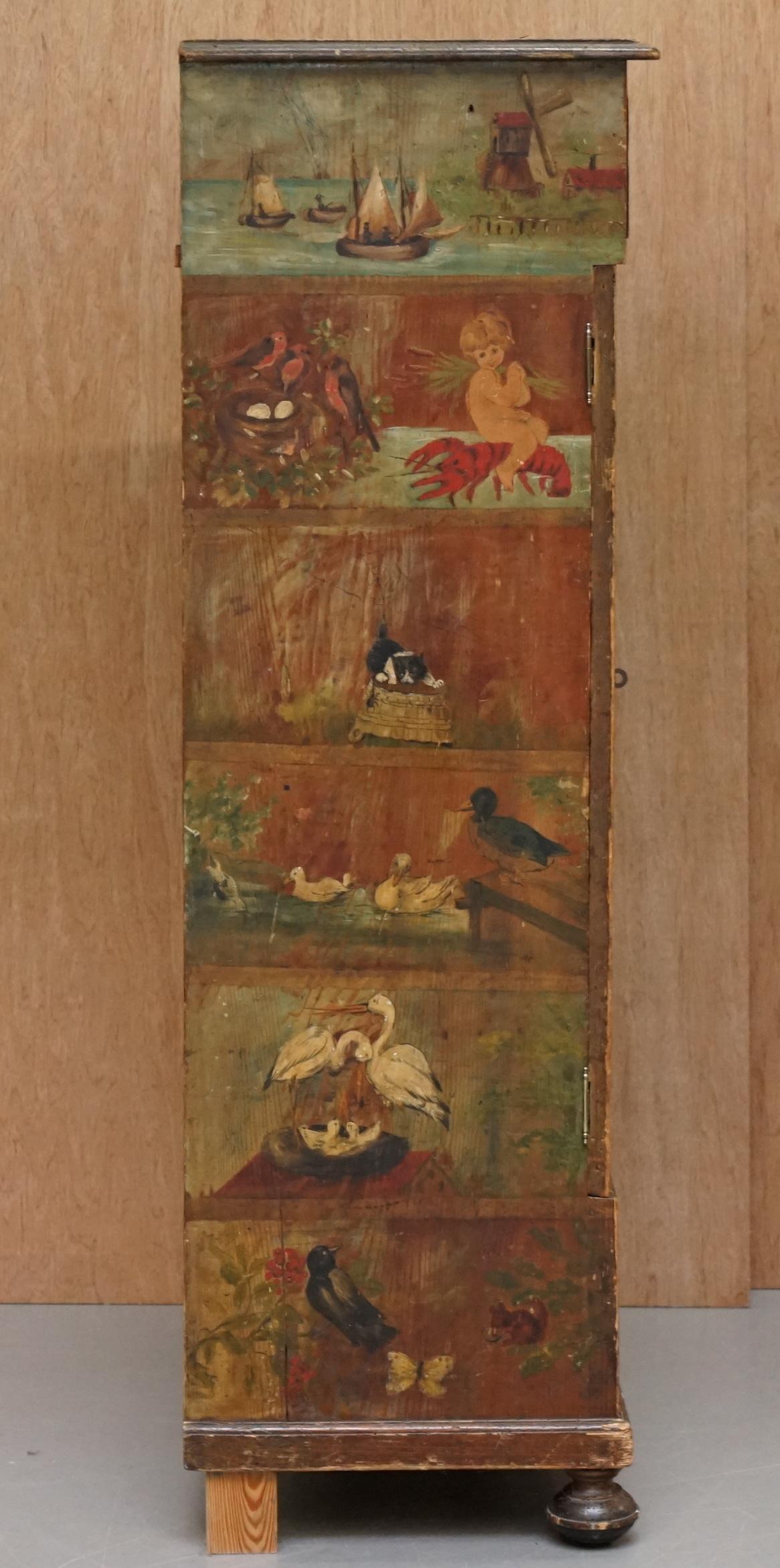 Very Rare Hand Painted Austrian circa 1820 Small Linen Closed Cupboard Cats Dogs 3