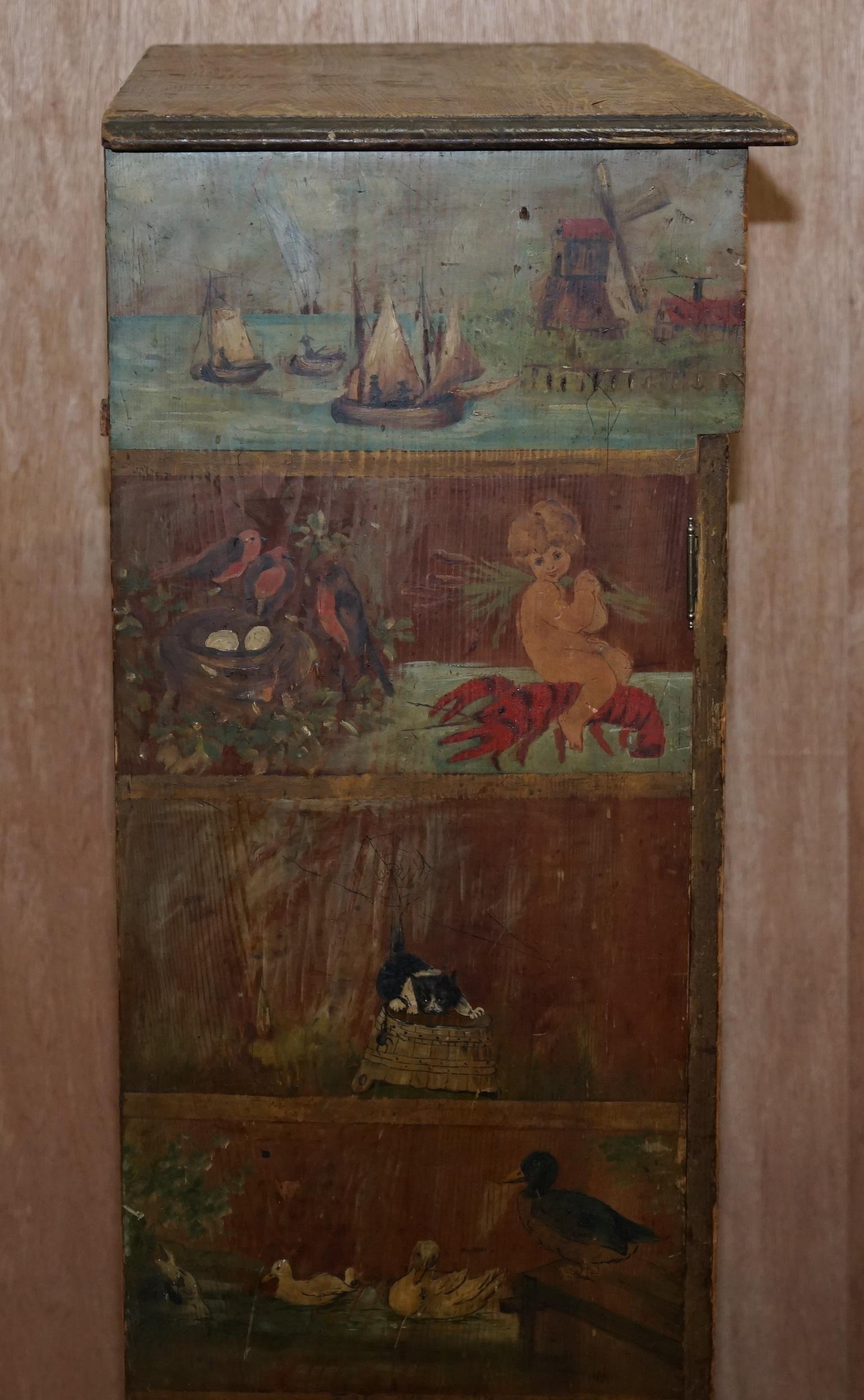 Very Rare Hand Painted Austrian circa 1820 Small Linen Closed Cupboard Cats Dogs 4