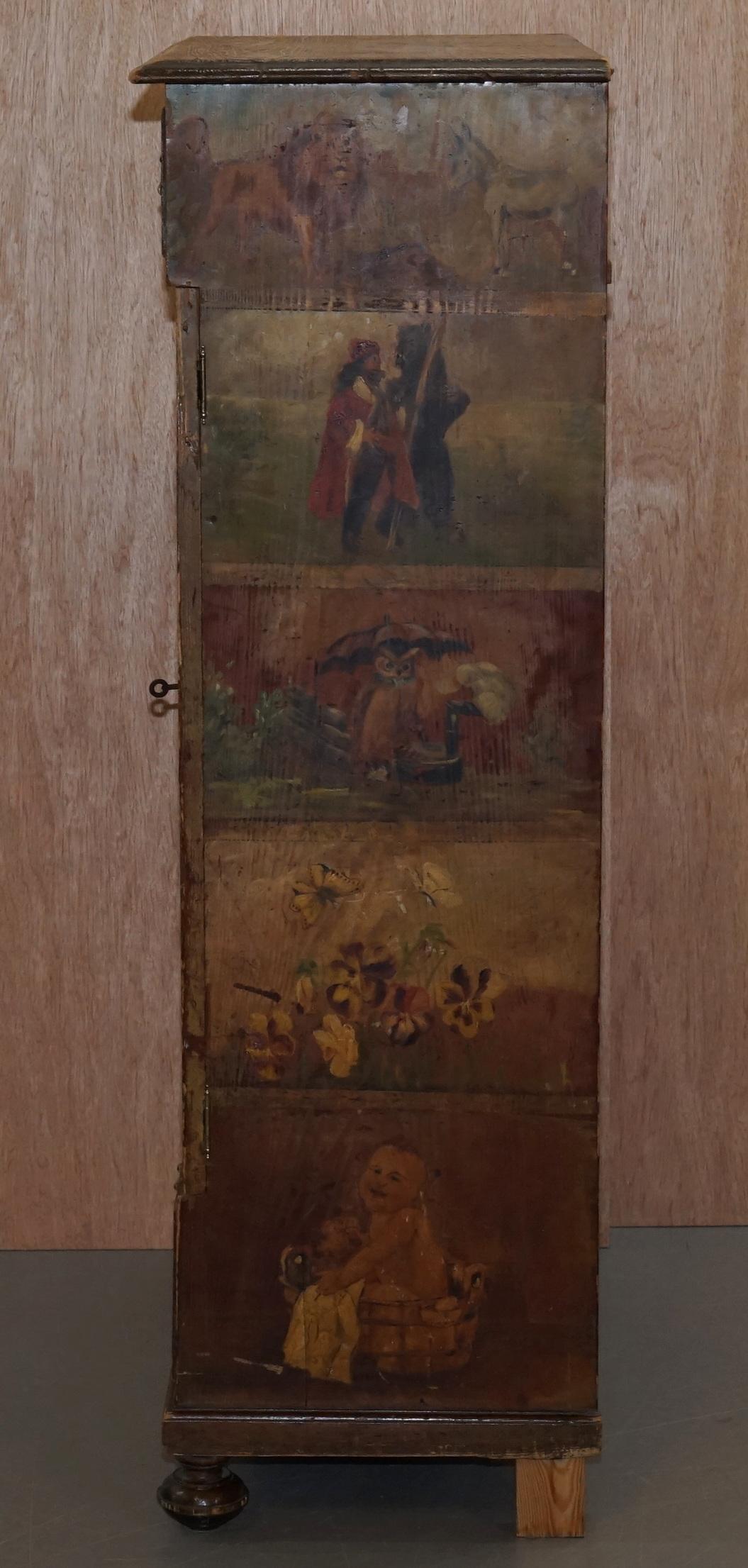 Very Rare Hand Painted Austrian circa 1820 Small Linen Closed Cupboard Cats Dogs 6