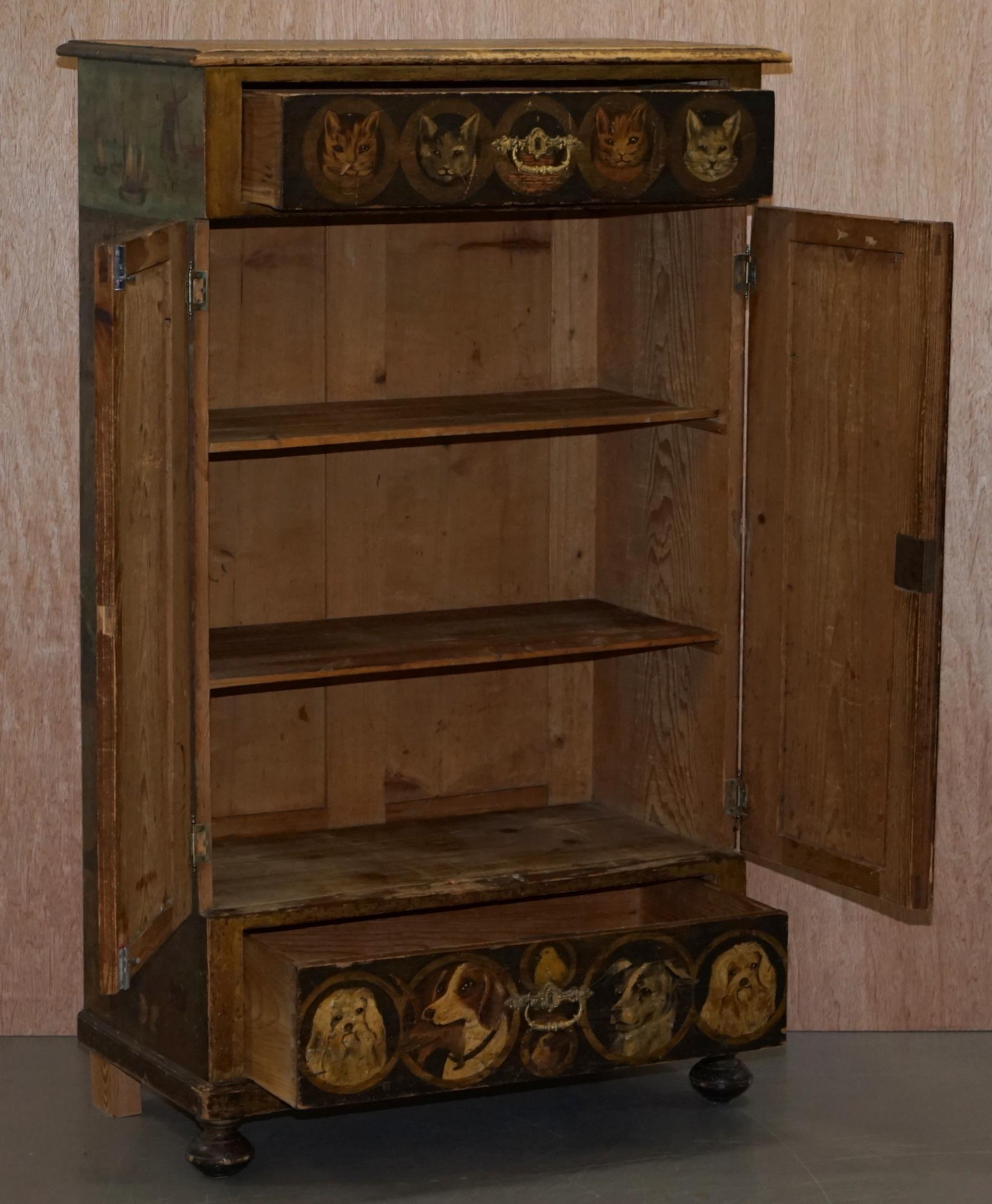 Very Rare Hand Painted Austrian circa 1820 Small Linen Closed Cupboard Cats Dogs 9