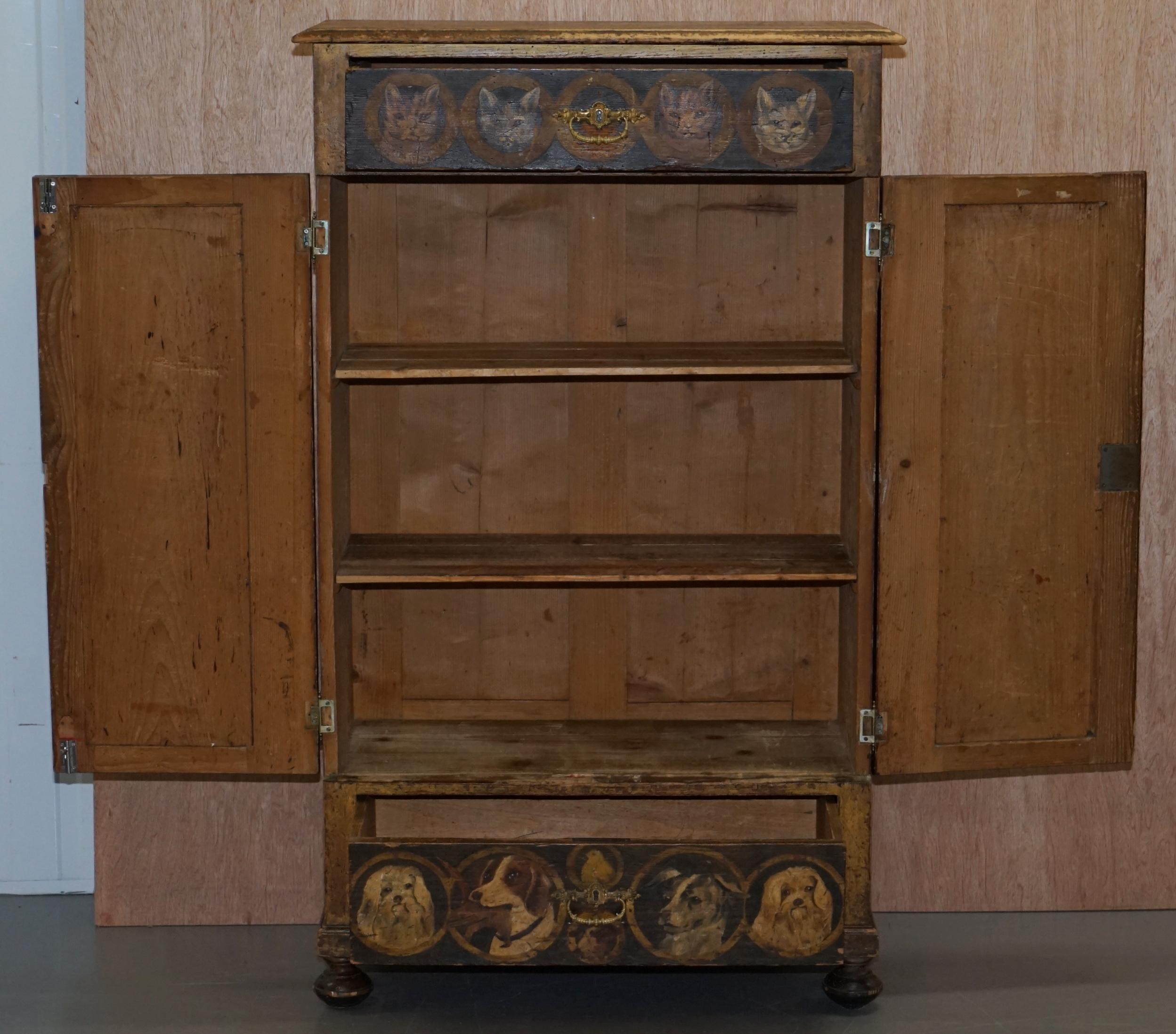 Very Rare Hand Painted Austrian circa 1820 Small Linen Closed Cupboard Cats Dogs 10