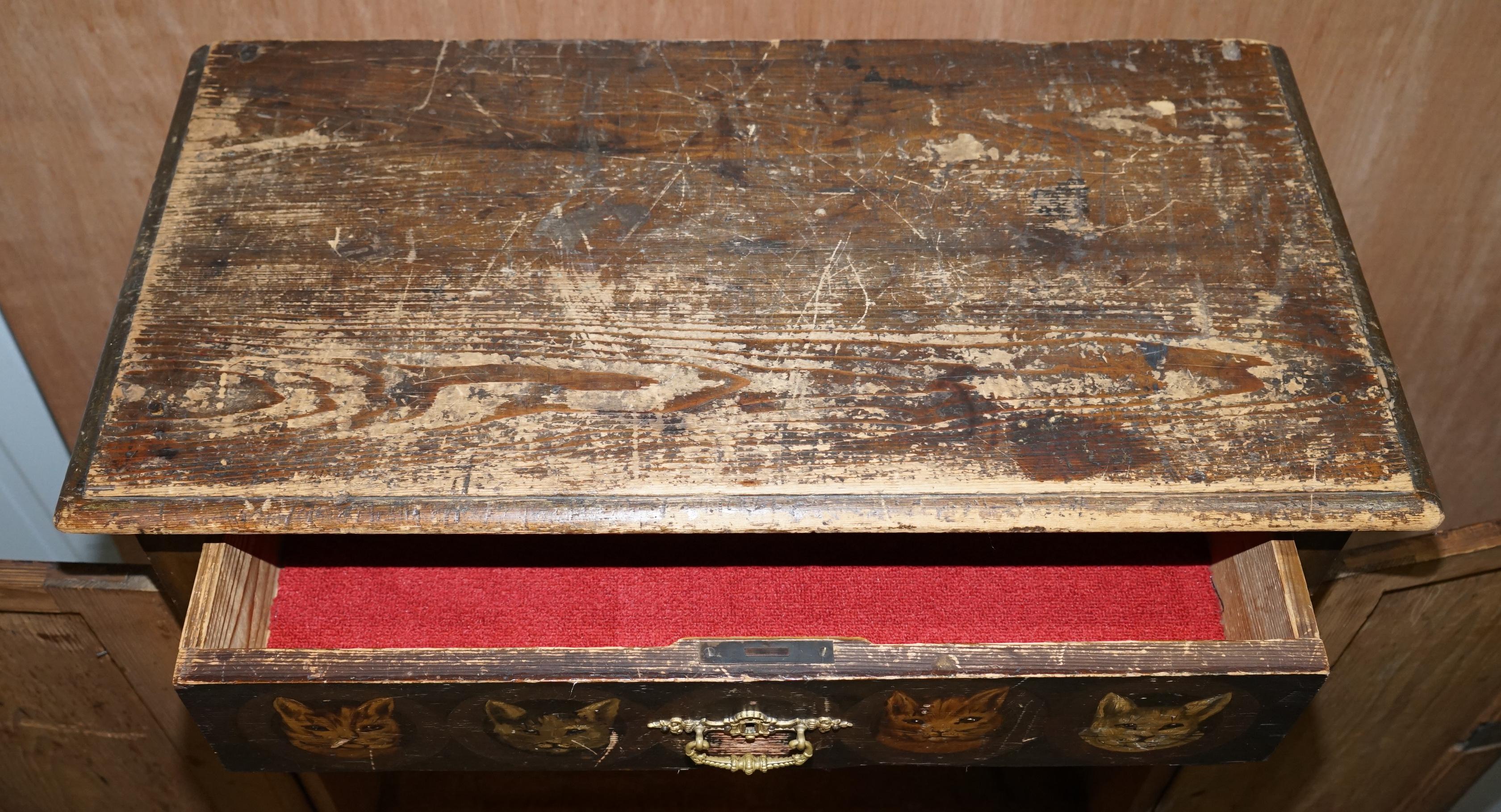 Very Rare Hand Painted Austrian circa 1820 Small Linen Closed Cupboard Cats Dogs 13