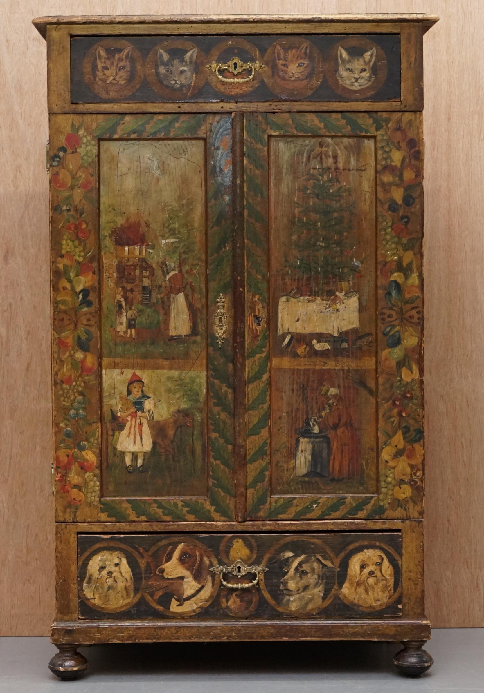 George III Very Rare Hand Painted Austrian circa 1820 Small Linen Closed Cupboard Cats Dogs