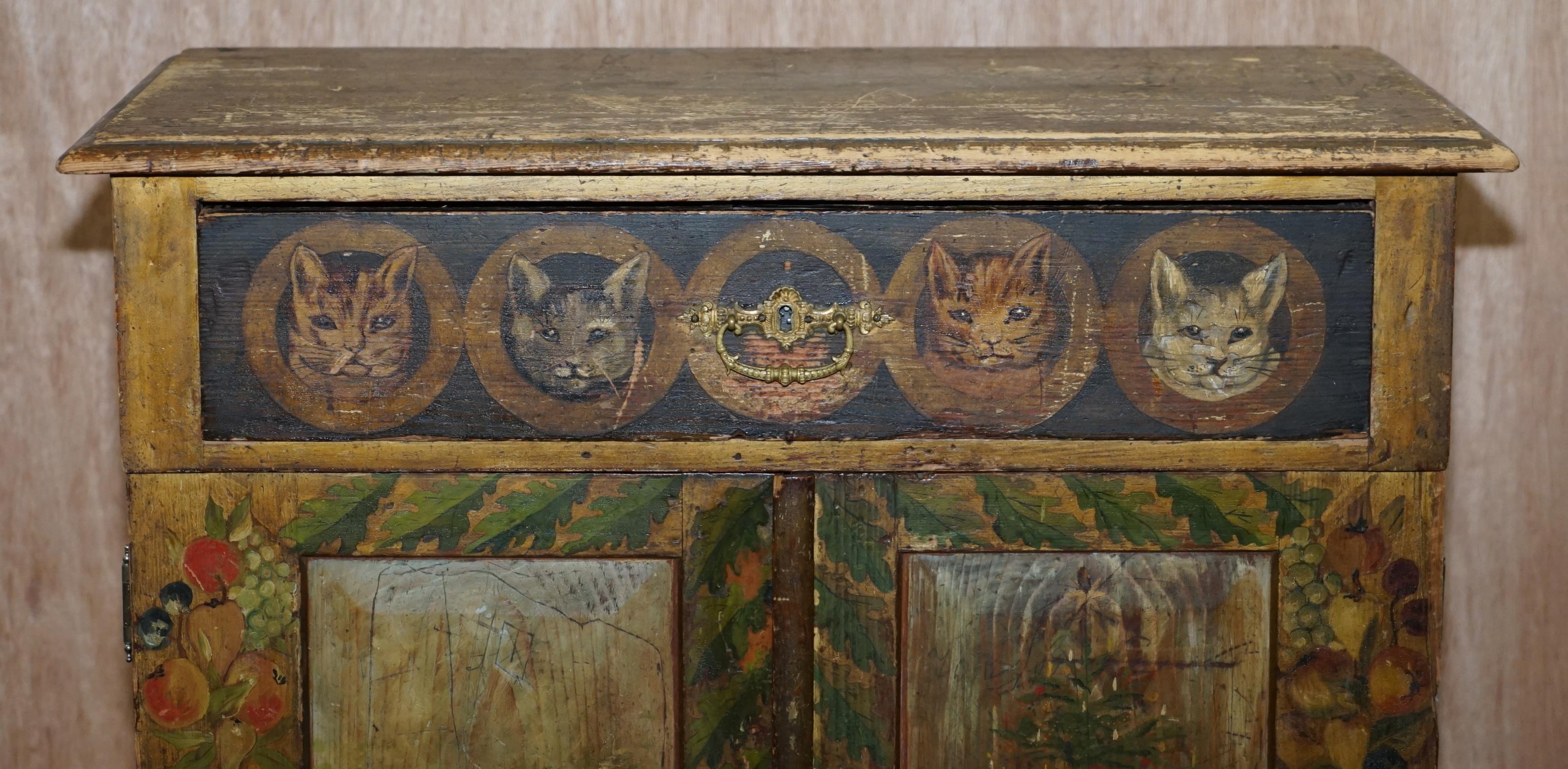 Hand-Painted Very Rare Hand Painted Austrian circa 1820 Small Linen Closed Cupboard Cats Dogs