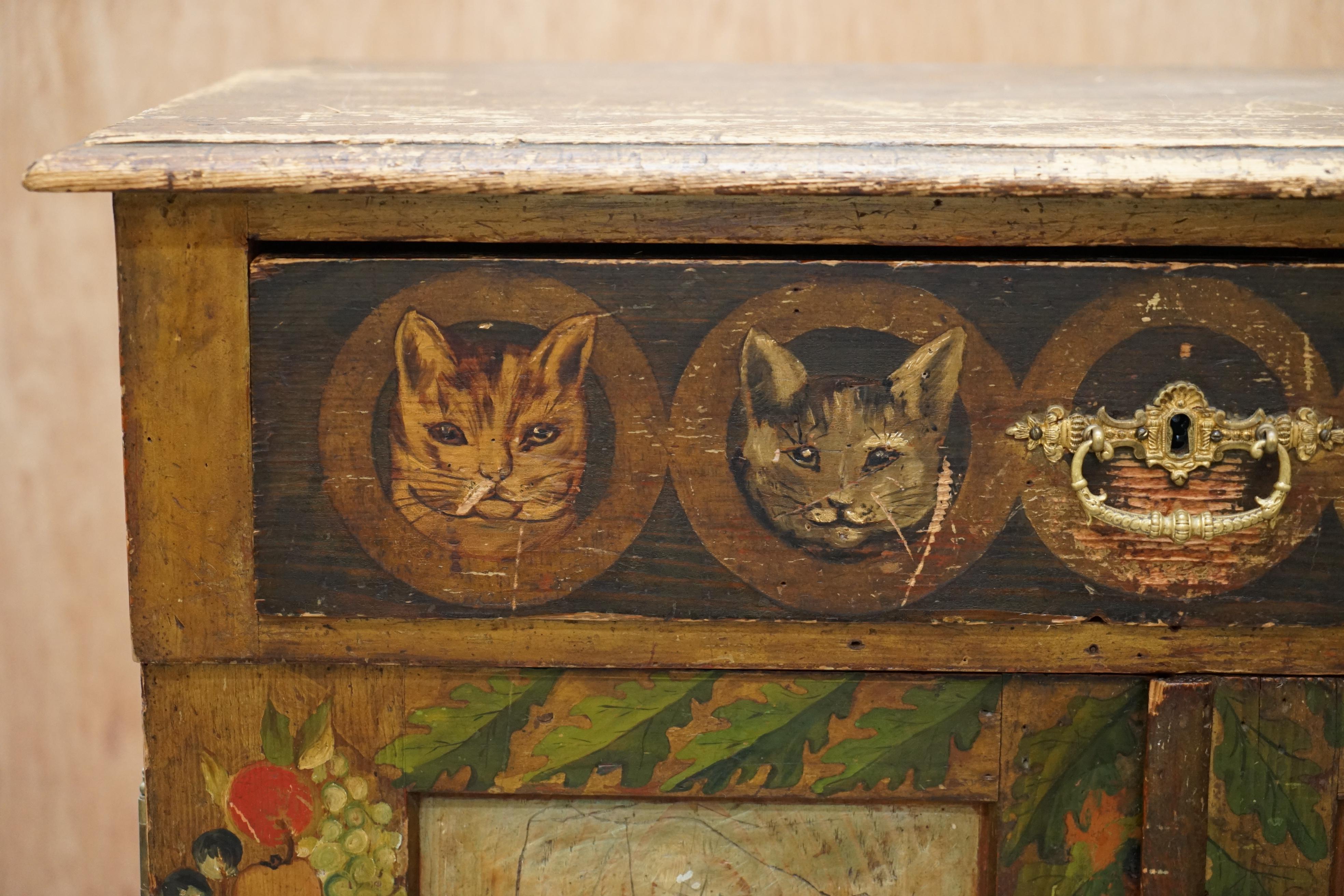 Very Rare Hand Painted Austrian circa 1820 Small Linen Closed Cupboard Cats Dogs In Fair Condition In West Sussex, Pulborough