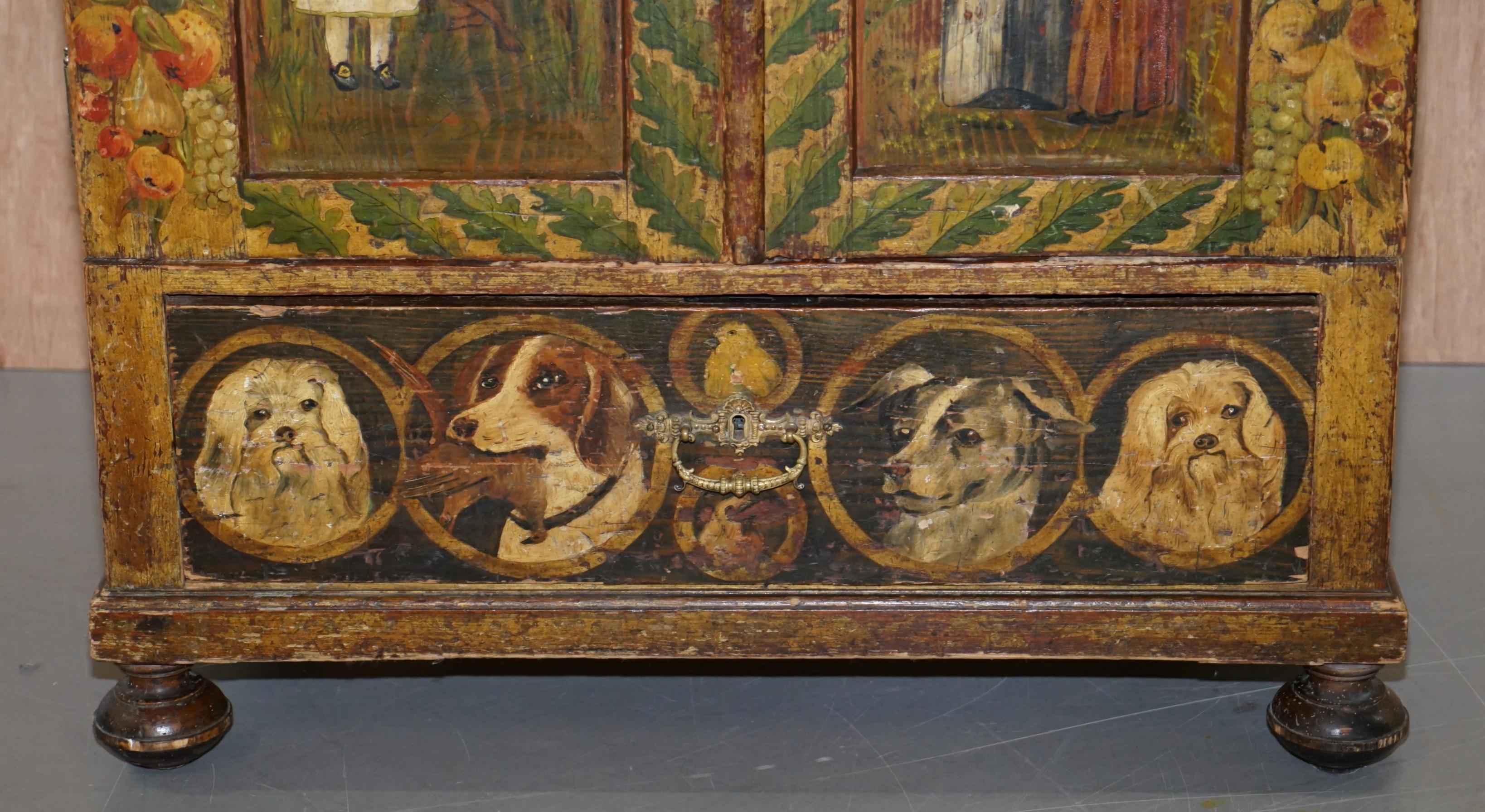 Early 19th Century Very Rare Hand Painted Austrian circa 1820 Small Linen Closed Cupboard Cats Dogs