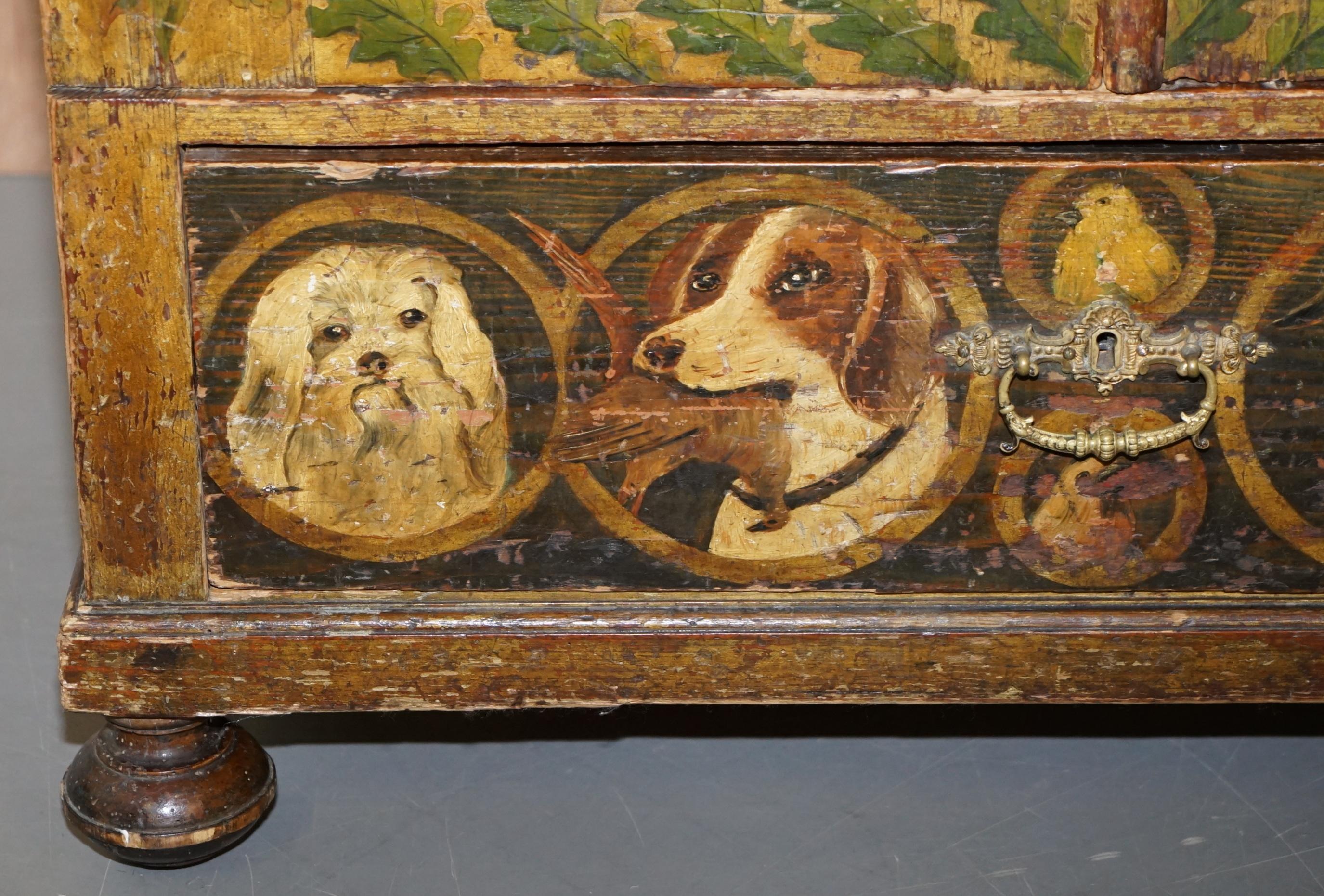 Pine Very Rare Hand Painted Austrian circa 1820 Small Linen Closed Cupboard Cats Dogs