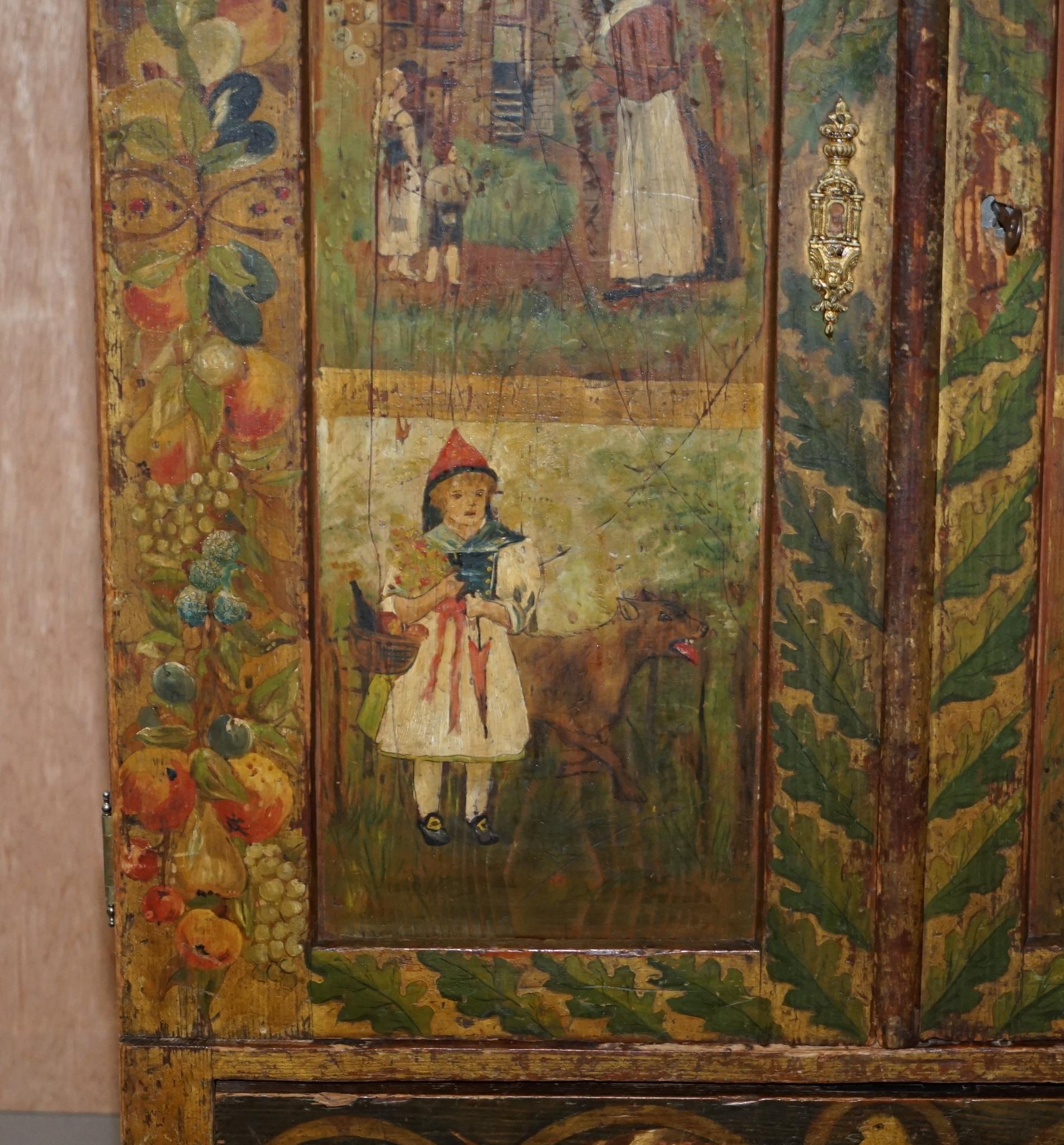 Very Rare Hand Painted Austrian circa 1820 Small Linen Closed Cupboard Cats Dogs 2