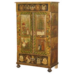 Très rare armoire fermée en lin peinte à la main en Autriche vers 1820 Chats Chiens