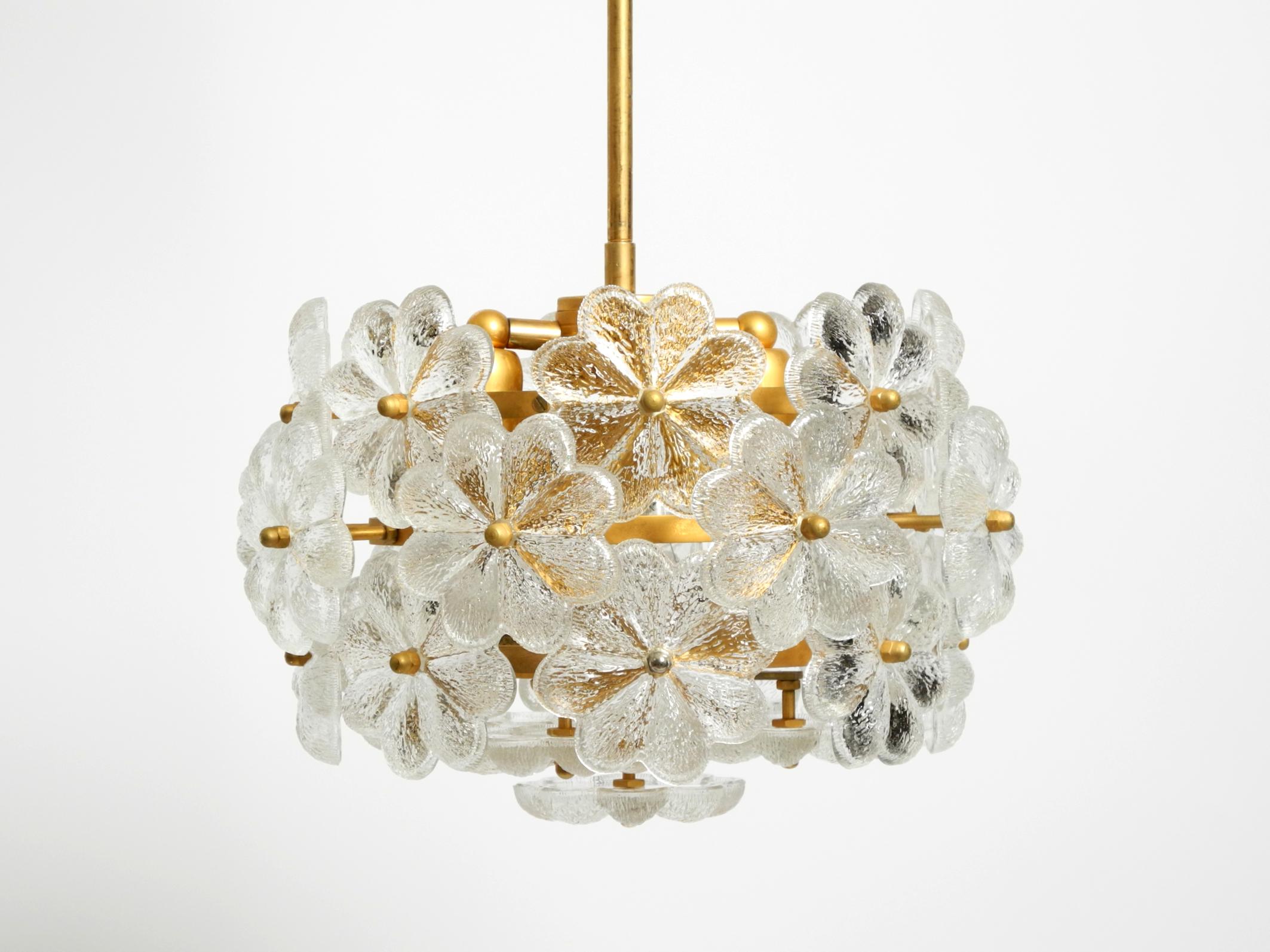 Très rare, élégant lustre à fleurs en cristal de laiton des années 1970 par Ernst Palme. Fabriqué en Allemagne.
L'ensemble du cadre, y compris toutes les vis, la tige et le baldaquin, est en laiton brillant.
Tous les verres en cristal sont complets