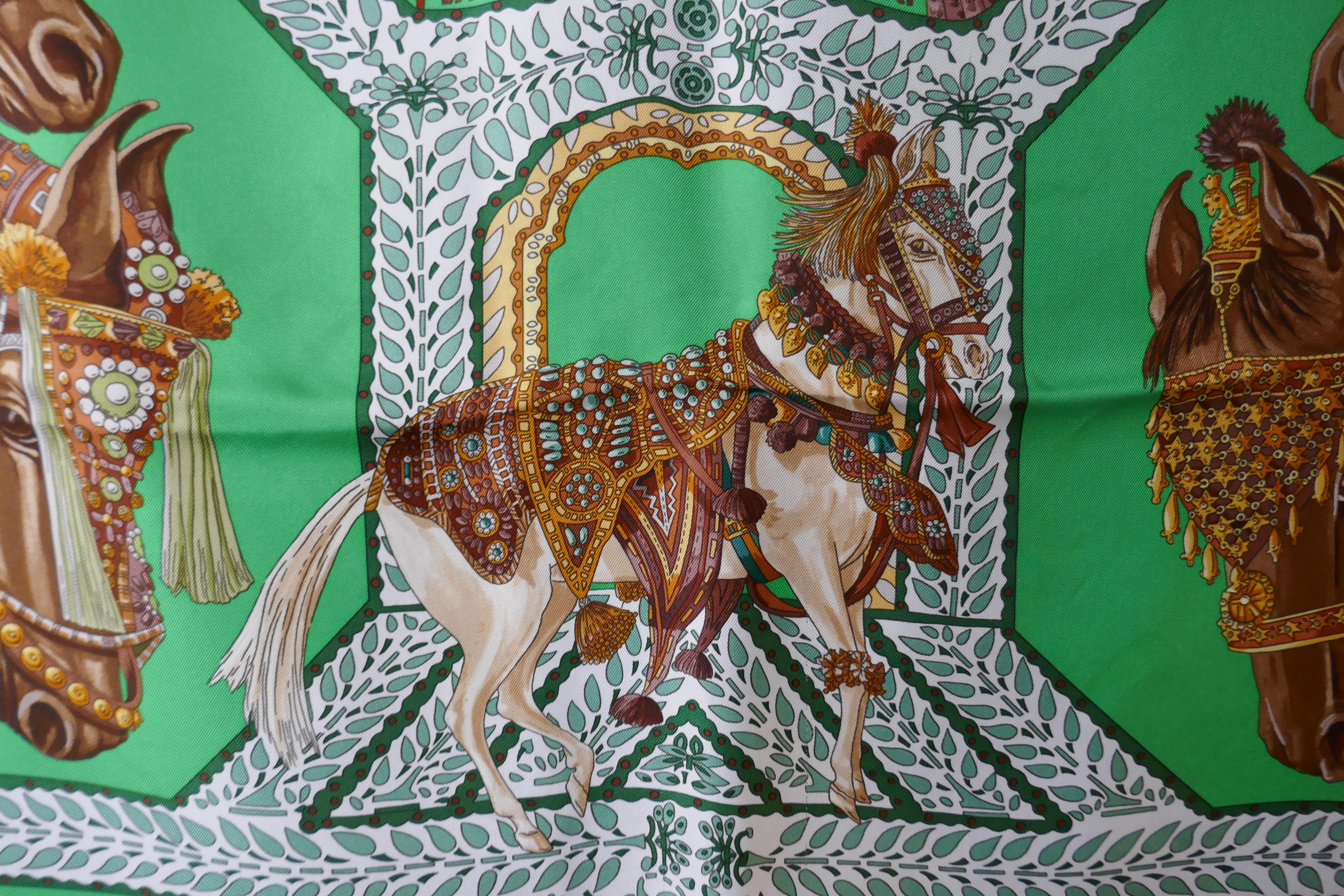 Very Rare Hermes Black Silk Scarf “Danse du Cheval Marwari” by Annie Faivre 2008 For Sale 5