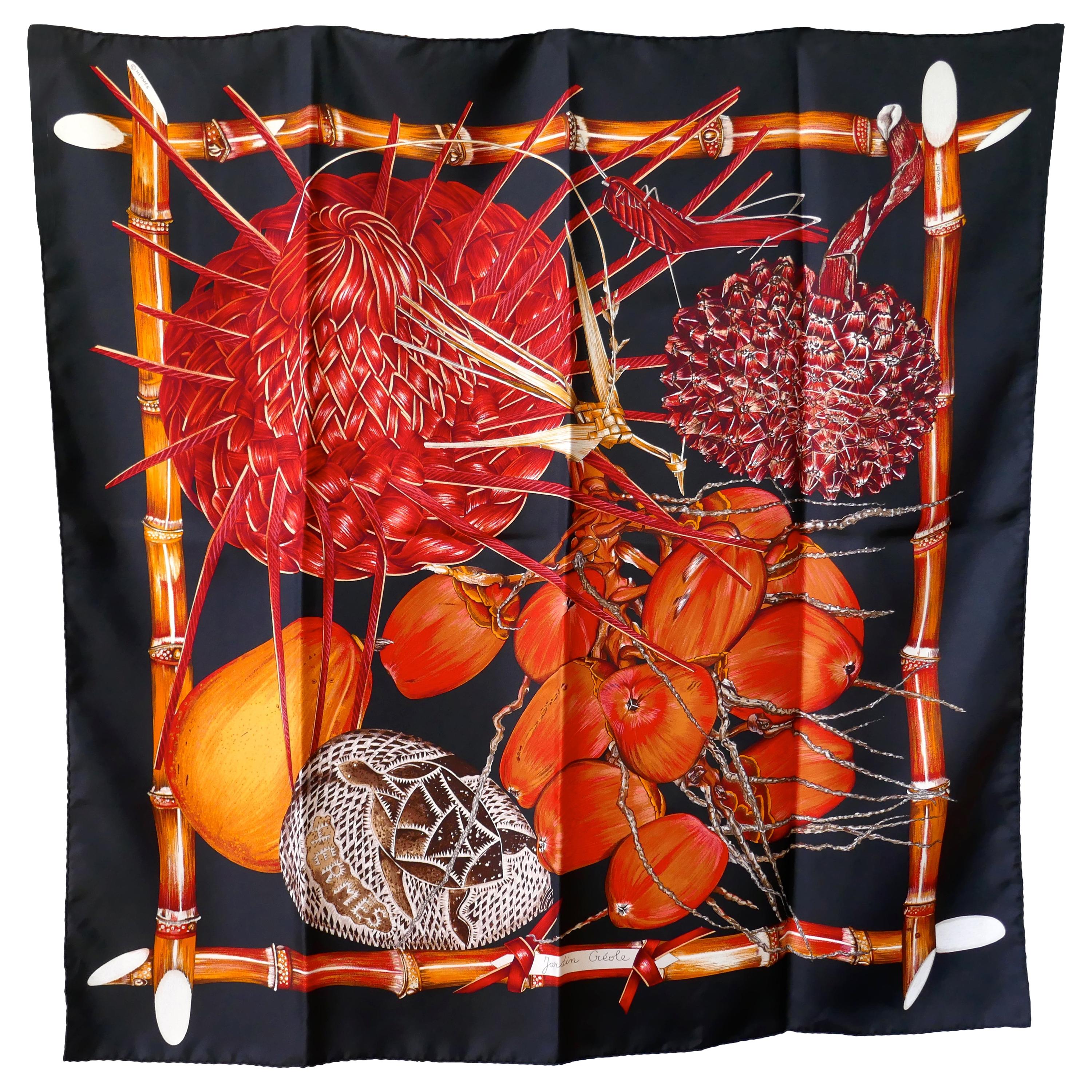 Very Rare Hermes Black Silk Scarf “Jardin Creole”, Valerie Dawlat Dumoulin 1994