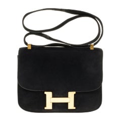 VERY RARE Hermes Constance 23 shoulder bag in black suede and gold hardware!