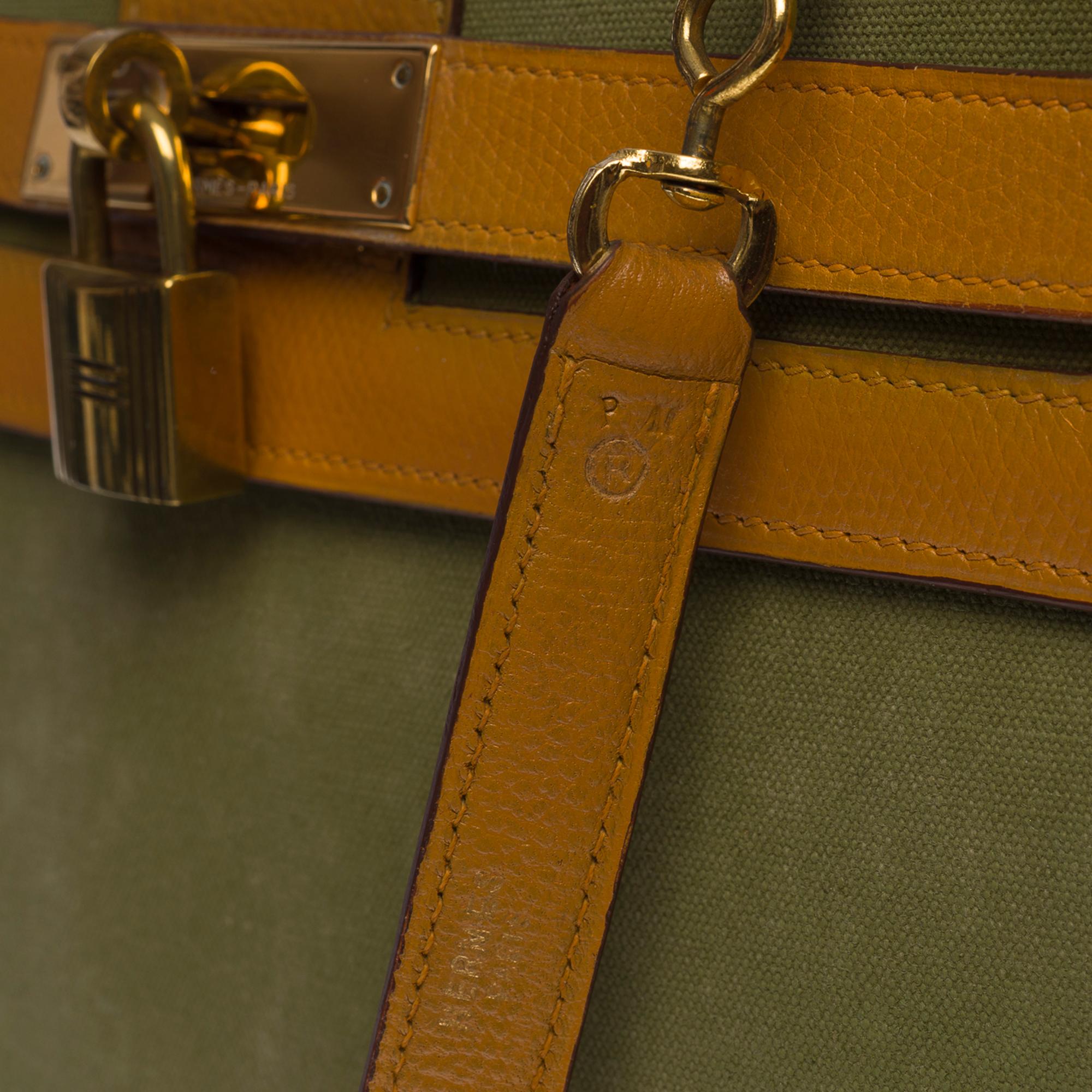 Brown Very Rare Hermès Kelly 32 handbag strap in khaki canvas and gold Couchevel , GHW