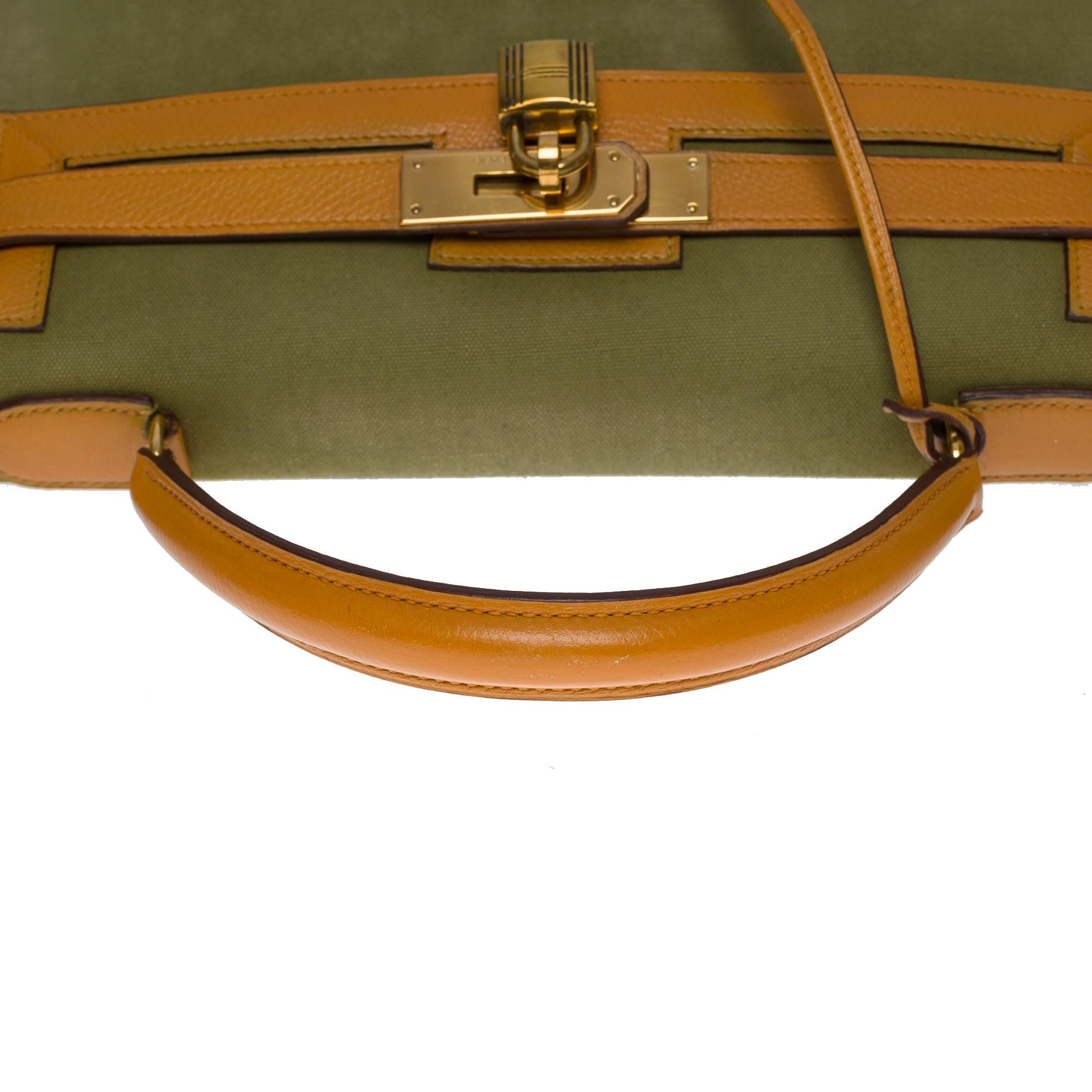 Very Rare Hermès Kelly 32 handbag strap in khaki canvas and gold Couchevel , GHW 1